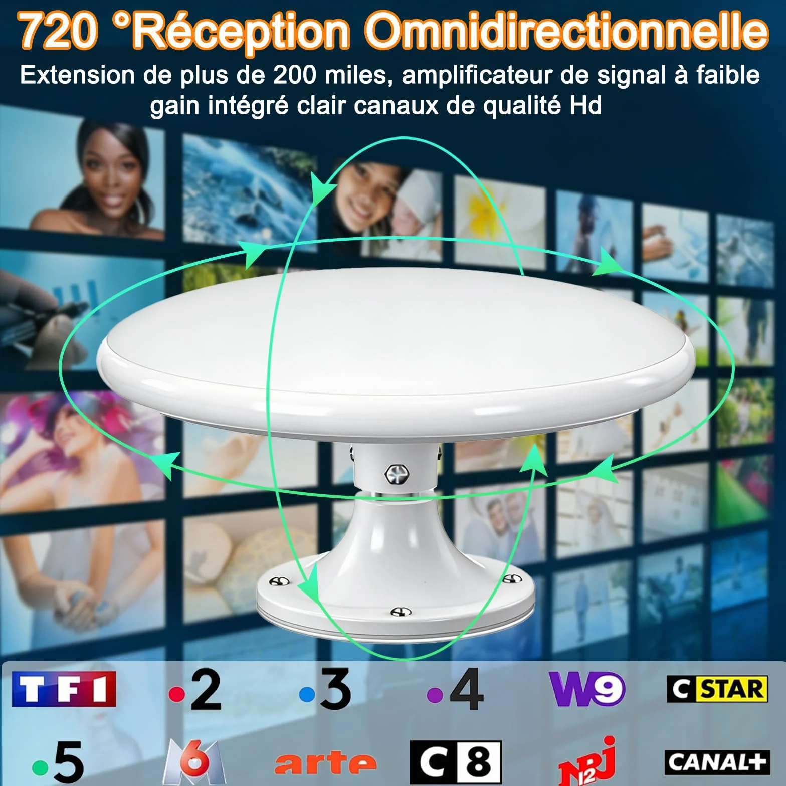 Antenne TV Exterieure Puissante DVB-T/DVB-T2 TNT Omnidirectionnelle 720° pour Camping Car Caravane Van Bateau