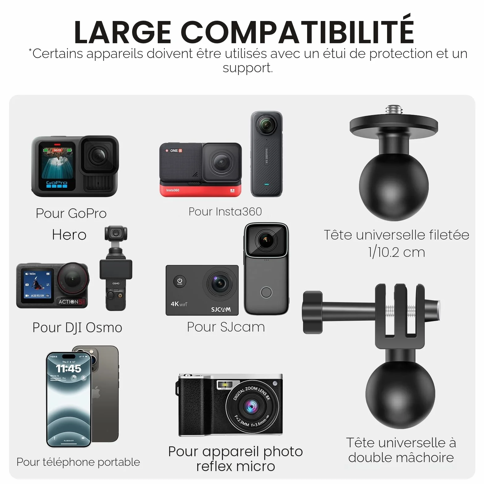 REYGEAK Support de caméra avec double tête sphérique à 360° avec vis 1/4, support de guidon de vélo avec double griffe pour GoPro Max Hero 13/12/11/10/9