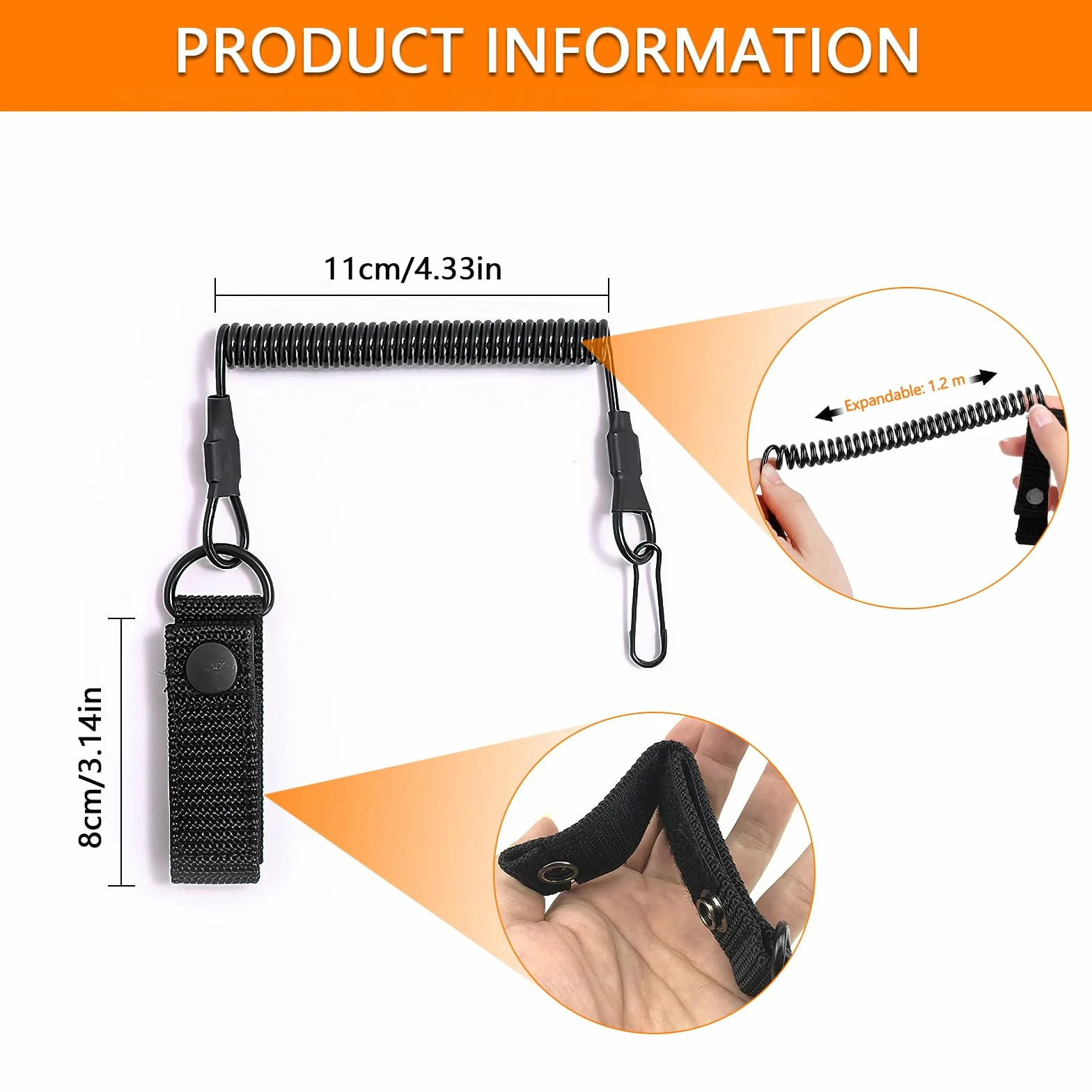 Longes Tactiques Noires 2 Pièces avec Cordon de Sécurité Elastique Mousqueton à Spirale pour Escalade Pêche Camping