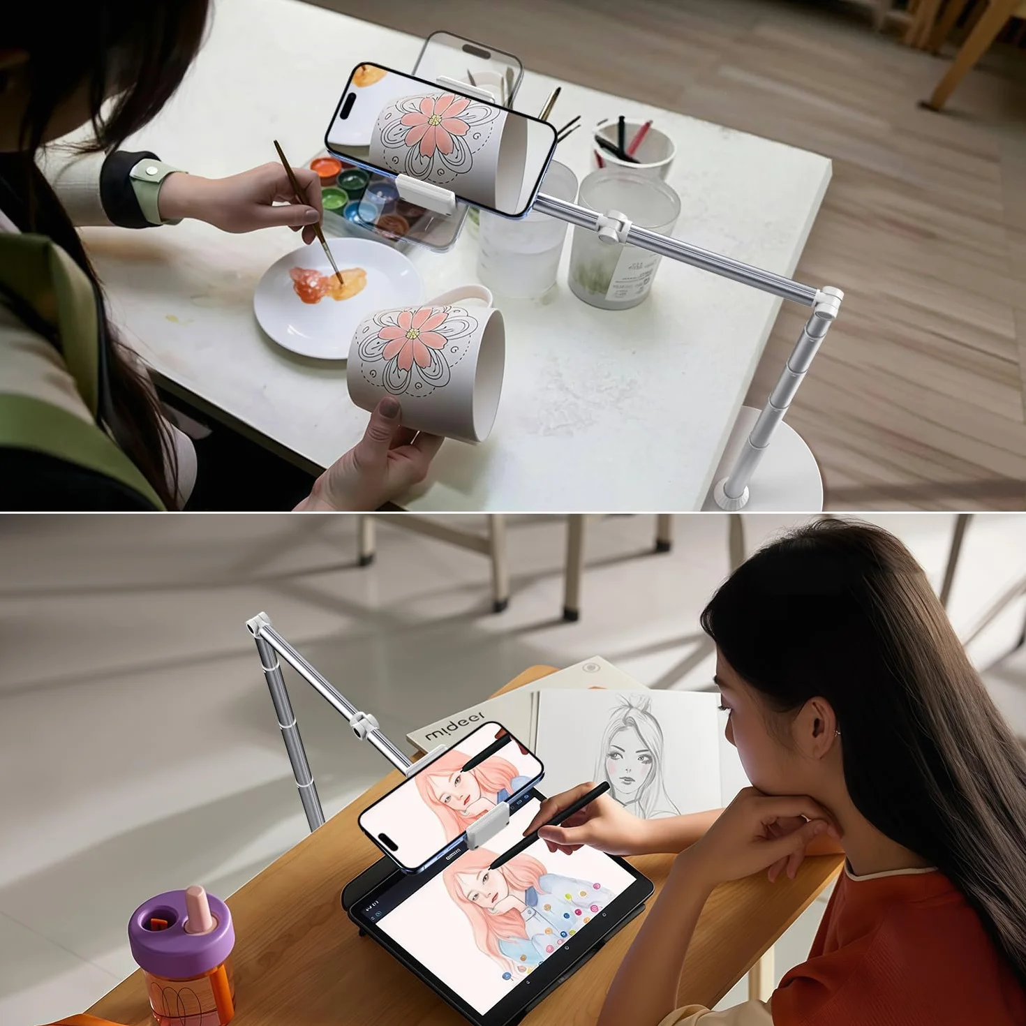 Support de téléphone au sol, bras de chevet réglable, support de téléphone pour enregistrer des prises de vue aériennes, support de téléphone en aluminium rotatif à 360°, compatible avec iPhone