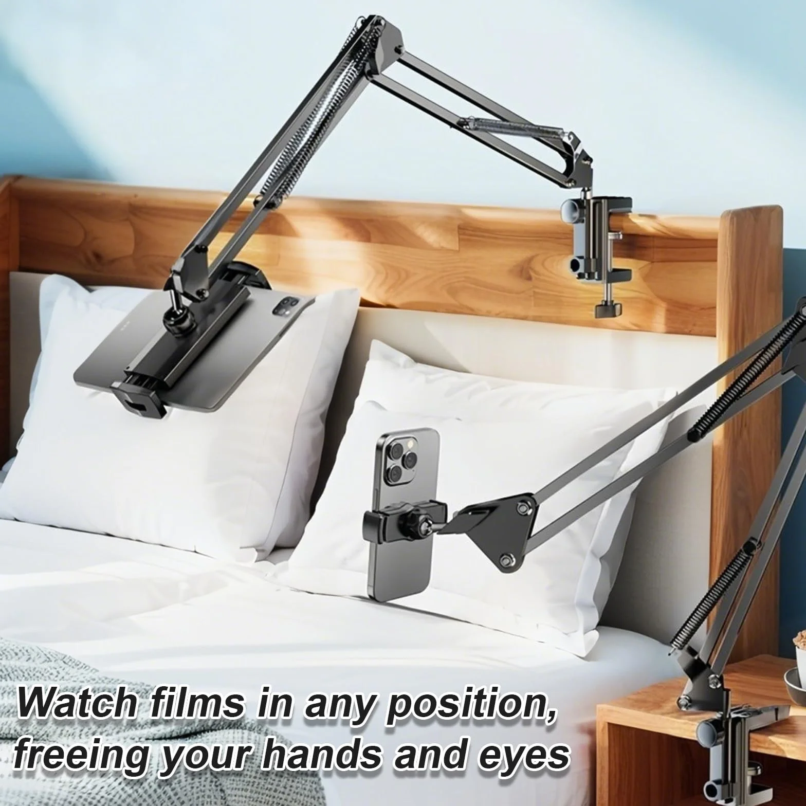 Support Telephone Lit, Flexible Long Bras Rotation 360° Réglable, 4,7-12,9 Pouces, Lisez en Position Allongée sans Avoir à Tenir Votre Kindle, Votre Téléphone Portable ou Votre Tablette
