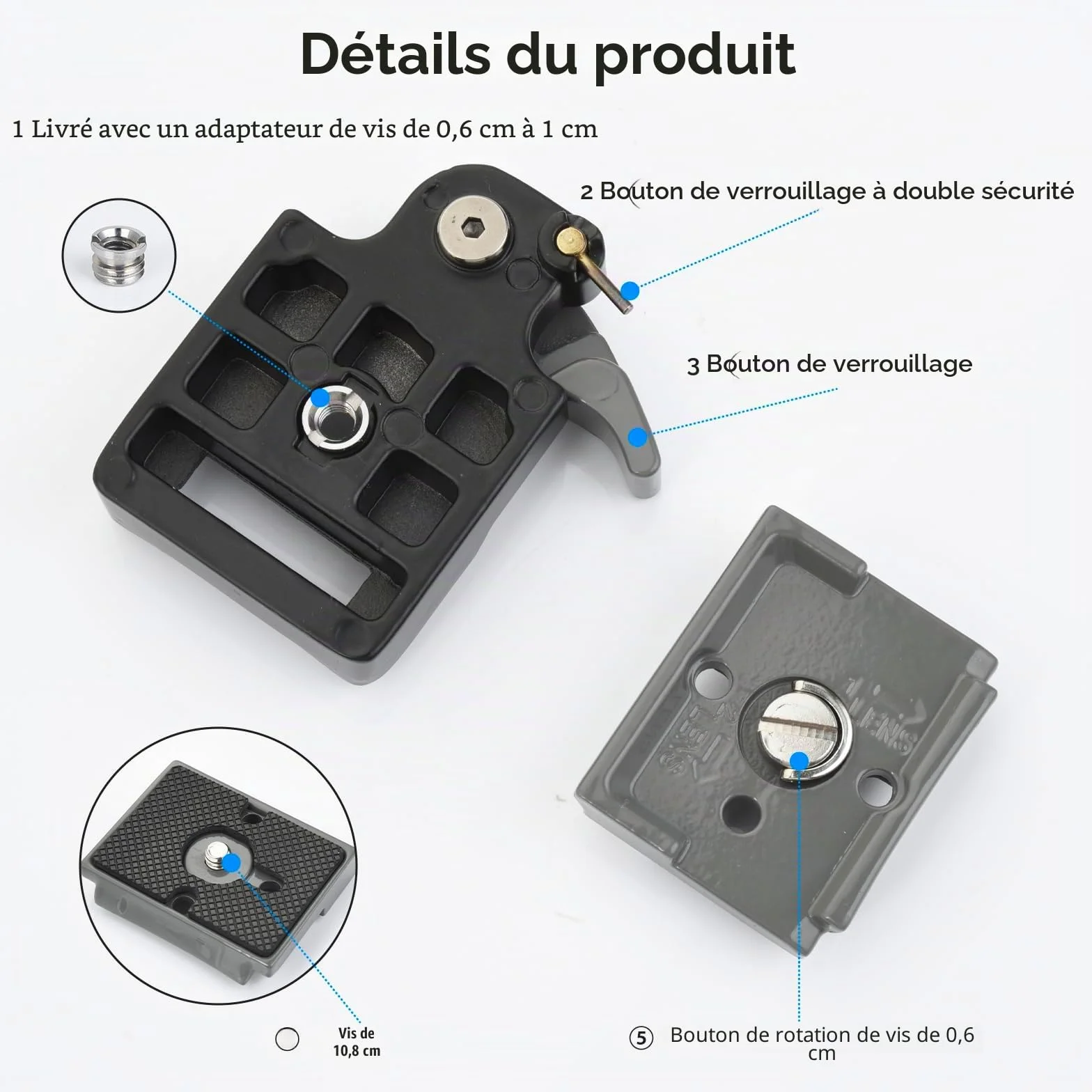 UTEBIT Plateau Rapide Tête de Trépied avec Adaptateur 1/4'' à 3/8'', Plateau de Dégagement Rapide Compatible avec Manfrotto 200PL-14 Plaque de Fixation Rapide pour Appareil Photo Gris