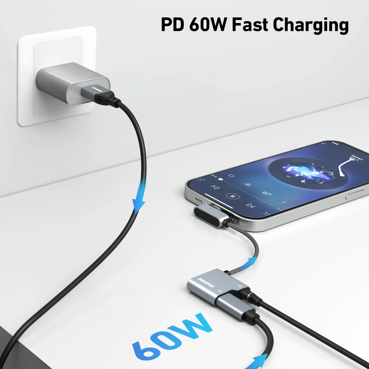 BENFEI Adaptateur USB C vers Prise Audio avec Charge Rapide 60 W, USB-C vers Casque Femelle 3,5 mm, Compatible iPhone 15 Pro Max/15 Pro/15, Samsung Galaxy S24/S23/S22/S21 Ultra, iPad Pro