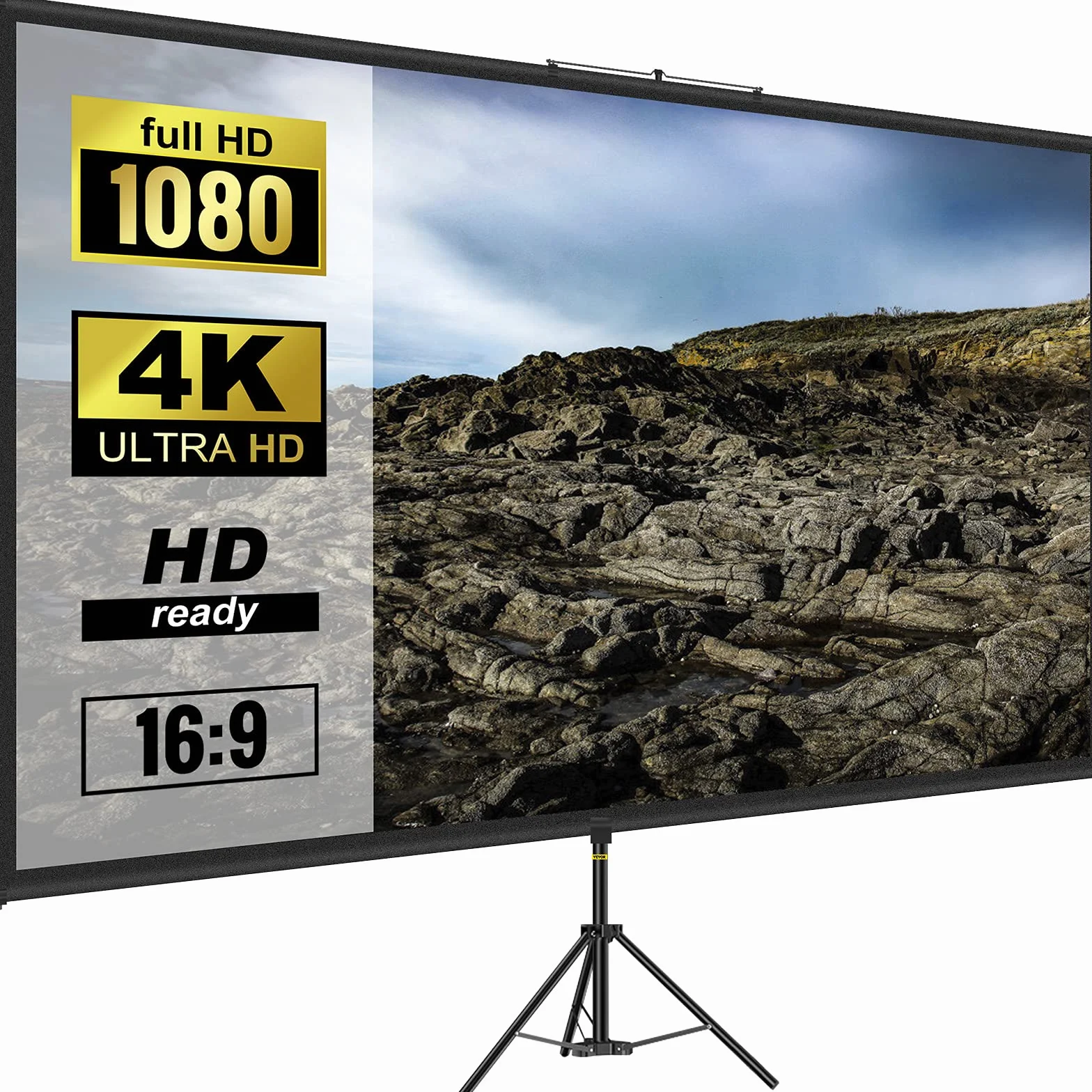 VEVOR Écran de Projection 110 Pouces 4K HD 16:9 Trépied Réglable 244x137 cm Infroissable Blanc/Noir