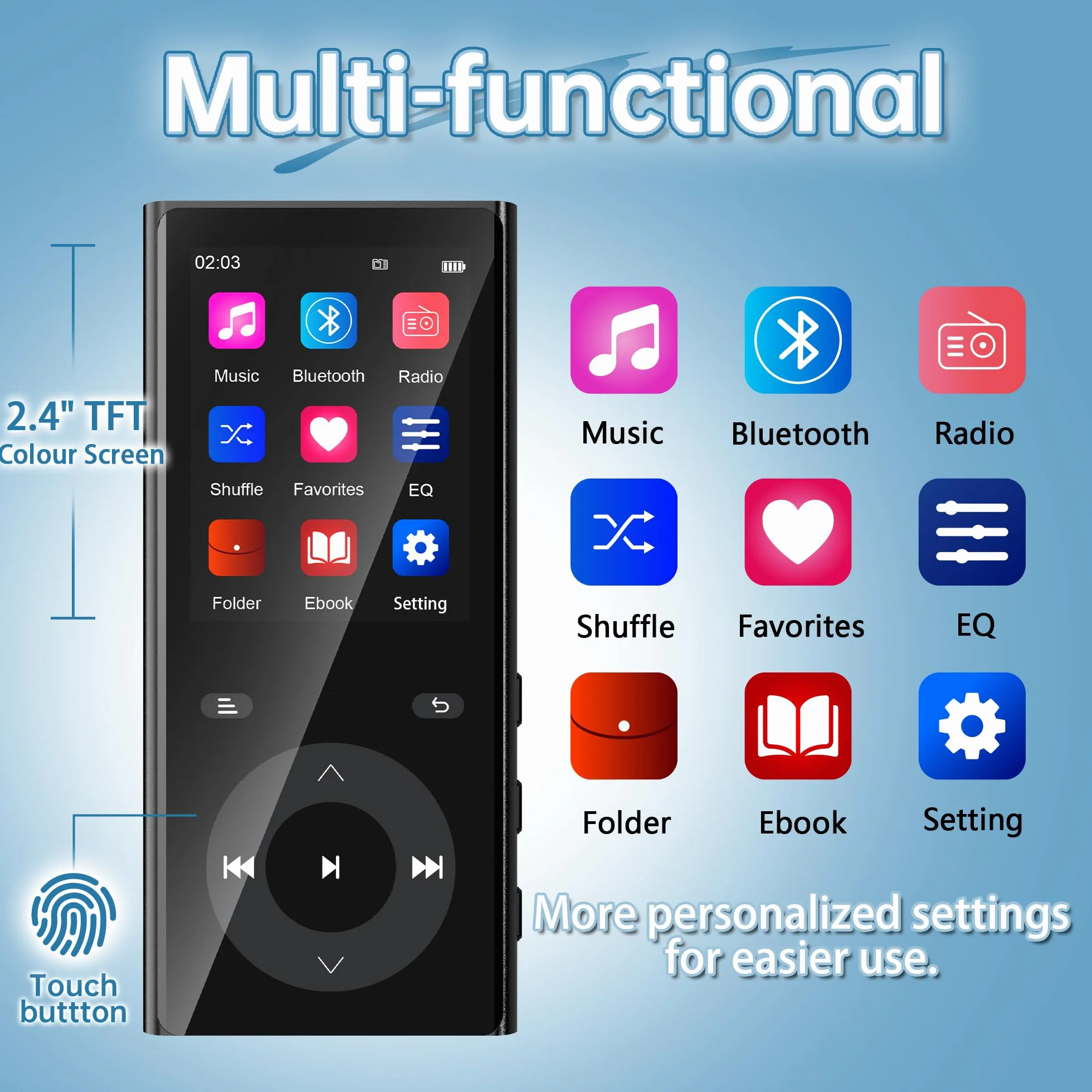 Lecteur MP3 Bluetooth 5.3, MP3 Player avec 2 Emplacements pour Cartes TF, Écran Couleur 2,4", Bouton Tactile, Haut-Parleur, Son HiFi, Jusqu'à 256 Go