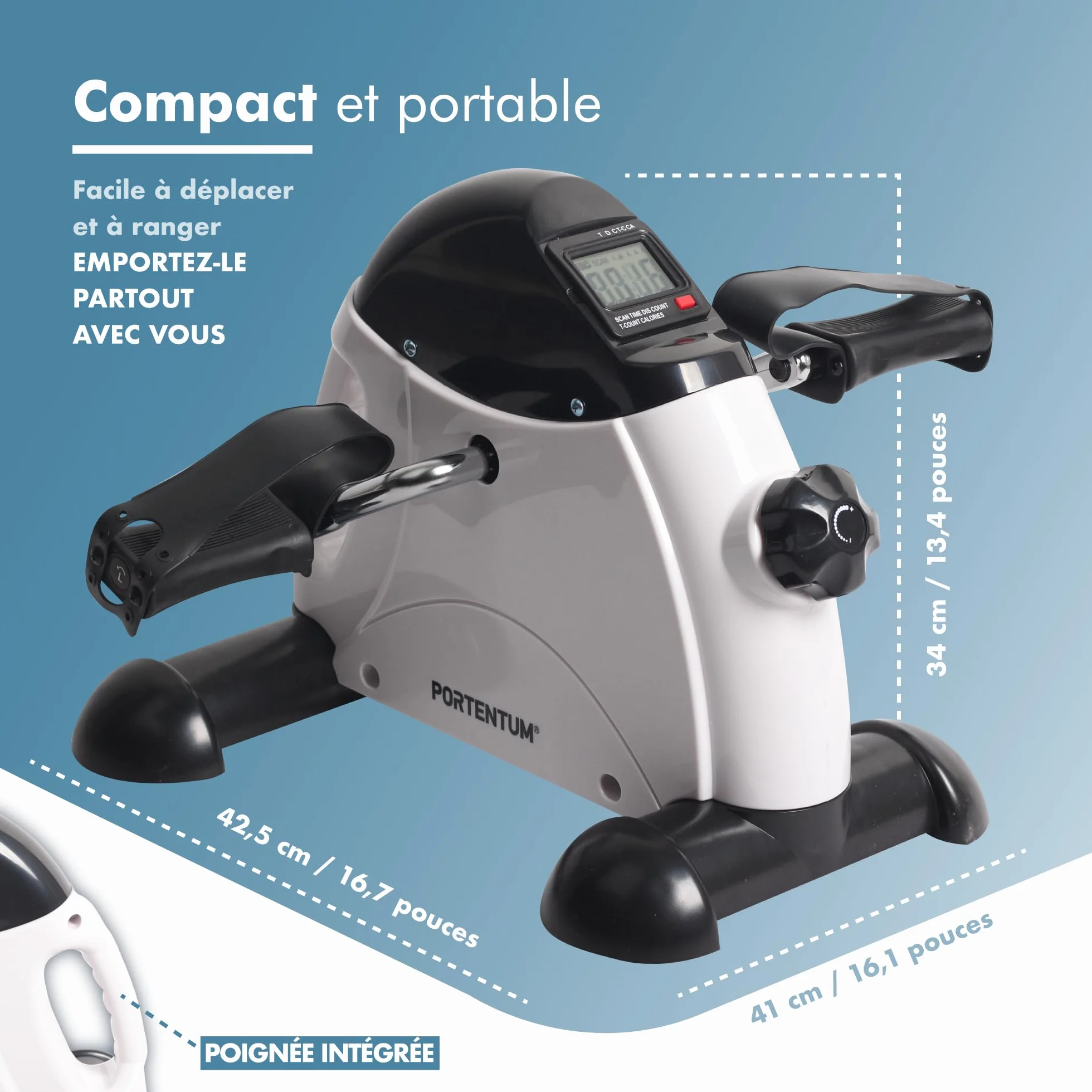 PORTENTUM Pedalier d'Appartement Senior avec écran LCD 6 Fonctions – Mini Velo Bras et Jambes Compact avec résistance réglable