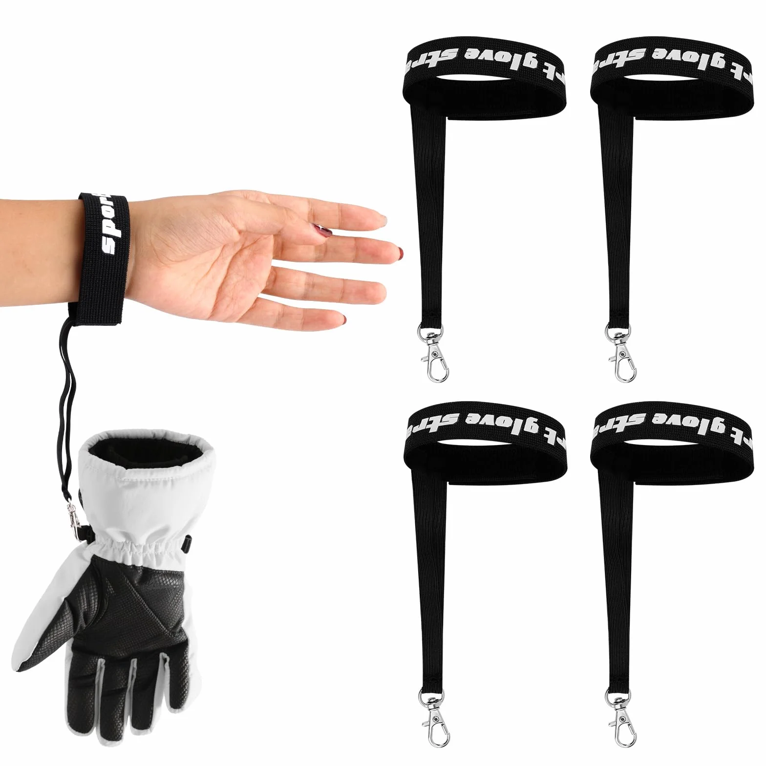 Gants Sport Sangles Sécurité Élastique avec Pinces Métalliques Anti-Perte pour Ski Snowboard Alpinisme