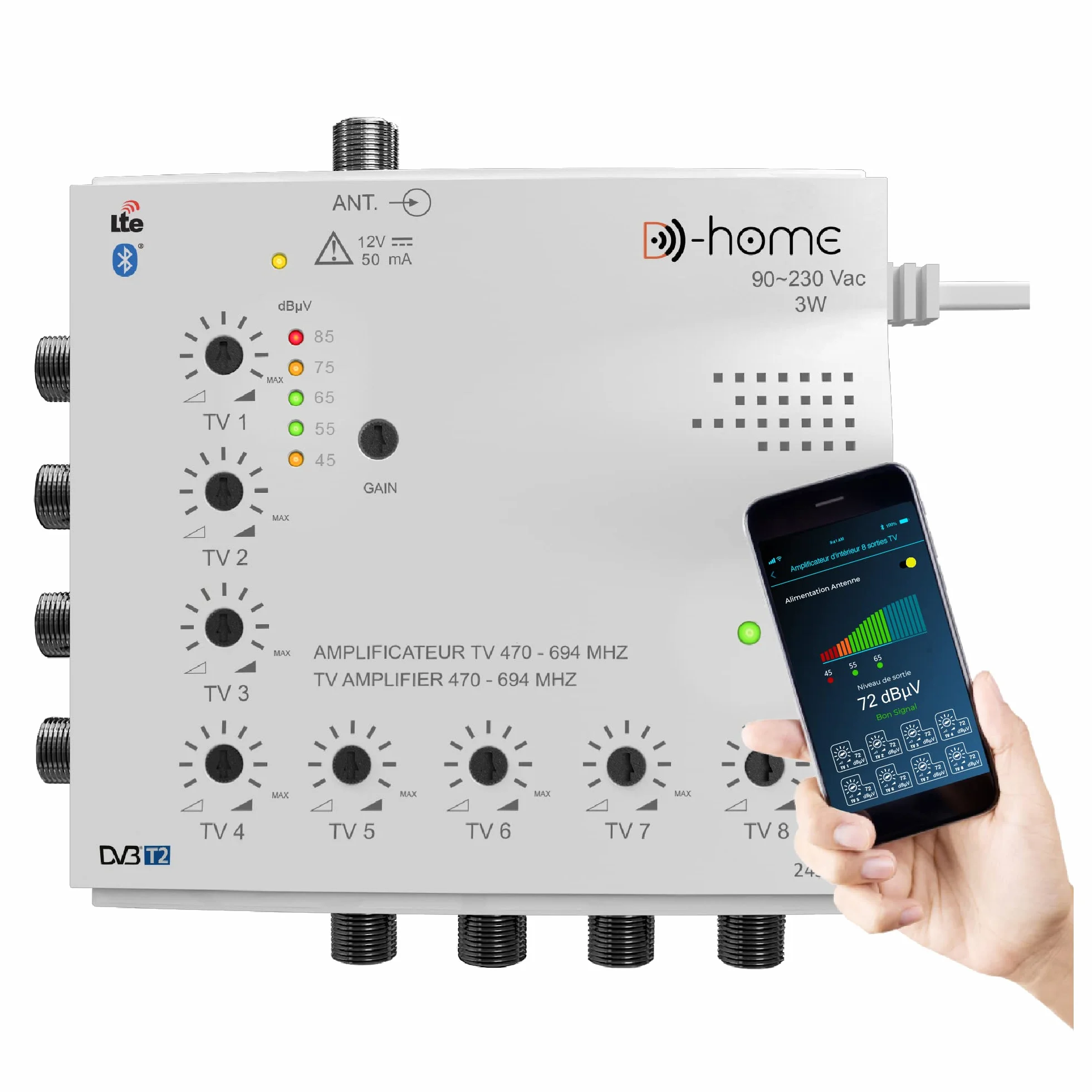 Amplificateur TV TNT Intérieur 8 Sorties 22dB Connecté Filtré 4G-5G avec Application Mobile TV Finder