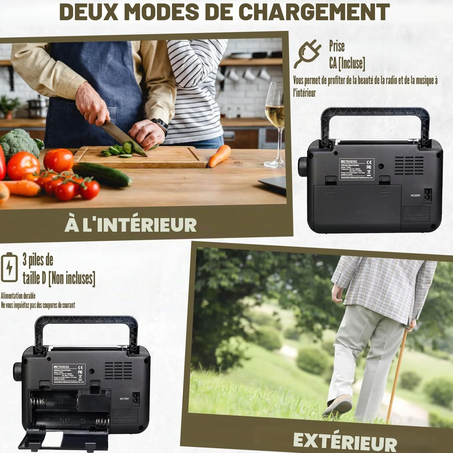 Retekess TR604 Radio Portable FM, Poste Radio Pile et Secteur, Excellente Réception Antenne, Transistor, Enceinte, Prise Casque, Grand écran,en Cadeau, pour Personnes Âgées