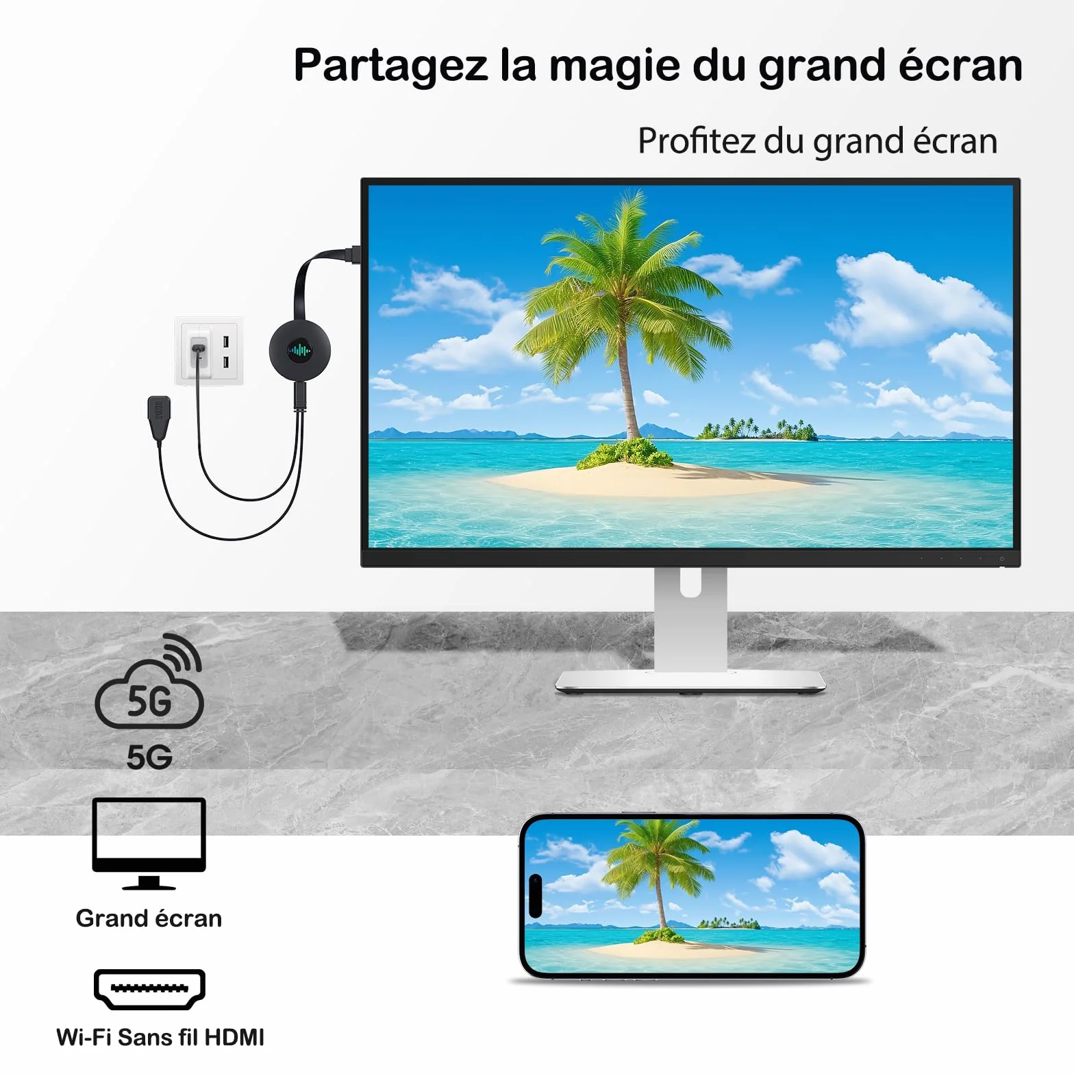 5G Dongle HDMI sans Fil, 4K Adaptateur Affichage Miracast/AirPlay/DLNA - Transmission Écran pour i-Phone, Android, Windows, Mac vers TV, Projecteur, Moniteur (Noir nacré)