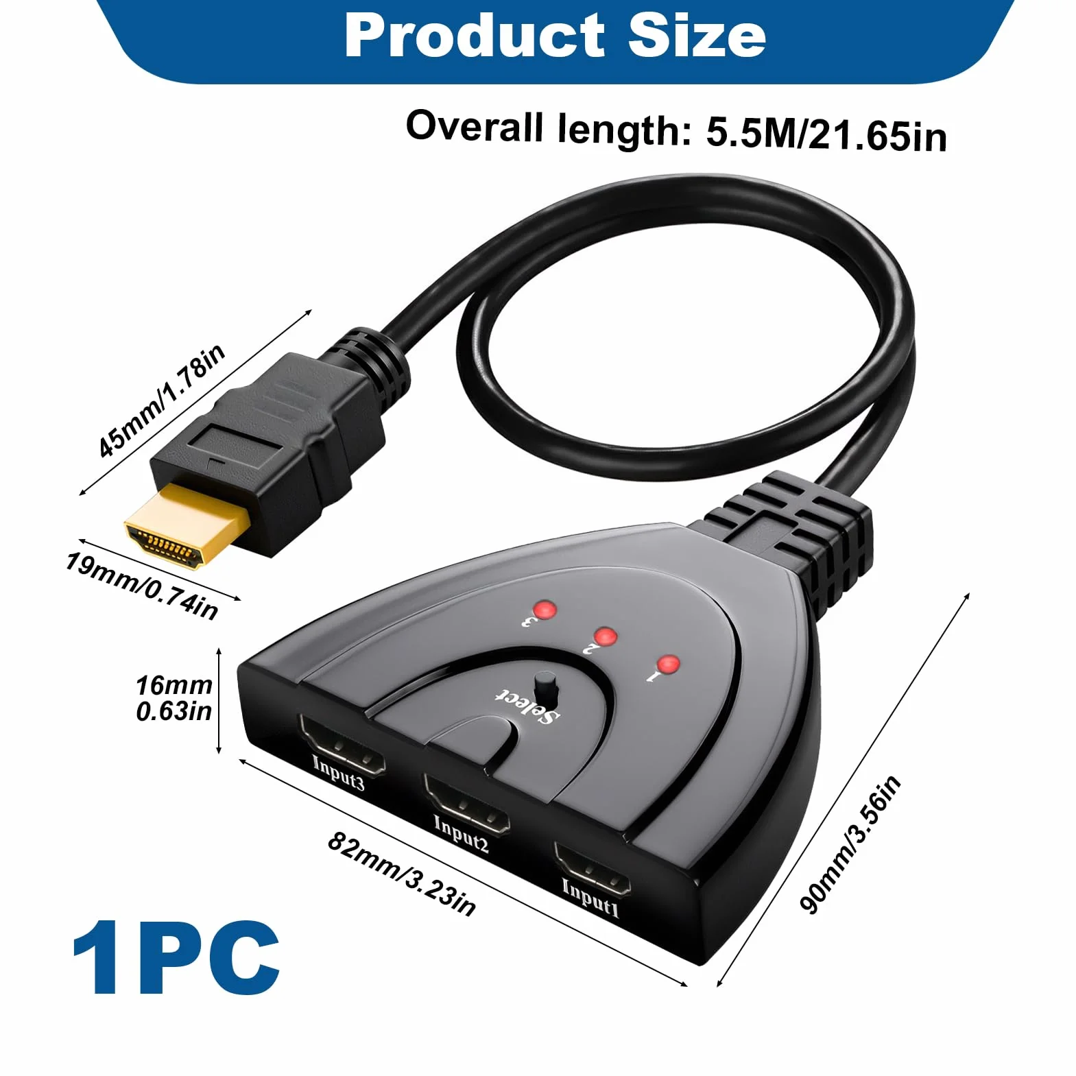 HDMI Switch 3 Ports Commutateur HDMI Sélecteur Splitter 3 Entrée 1 Sorties Répartiteur 4K@30Hz Full HD Pris en Charge Câble Haute Vitesse UHD pour PS5 for X Box Roku Fire TV Stick HDTV One chromecast