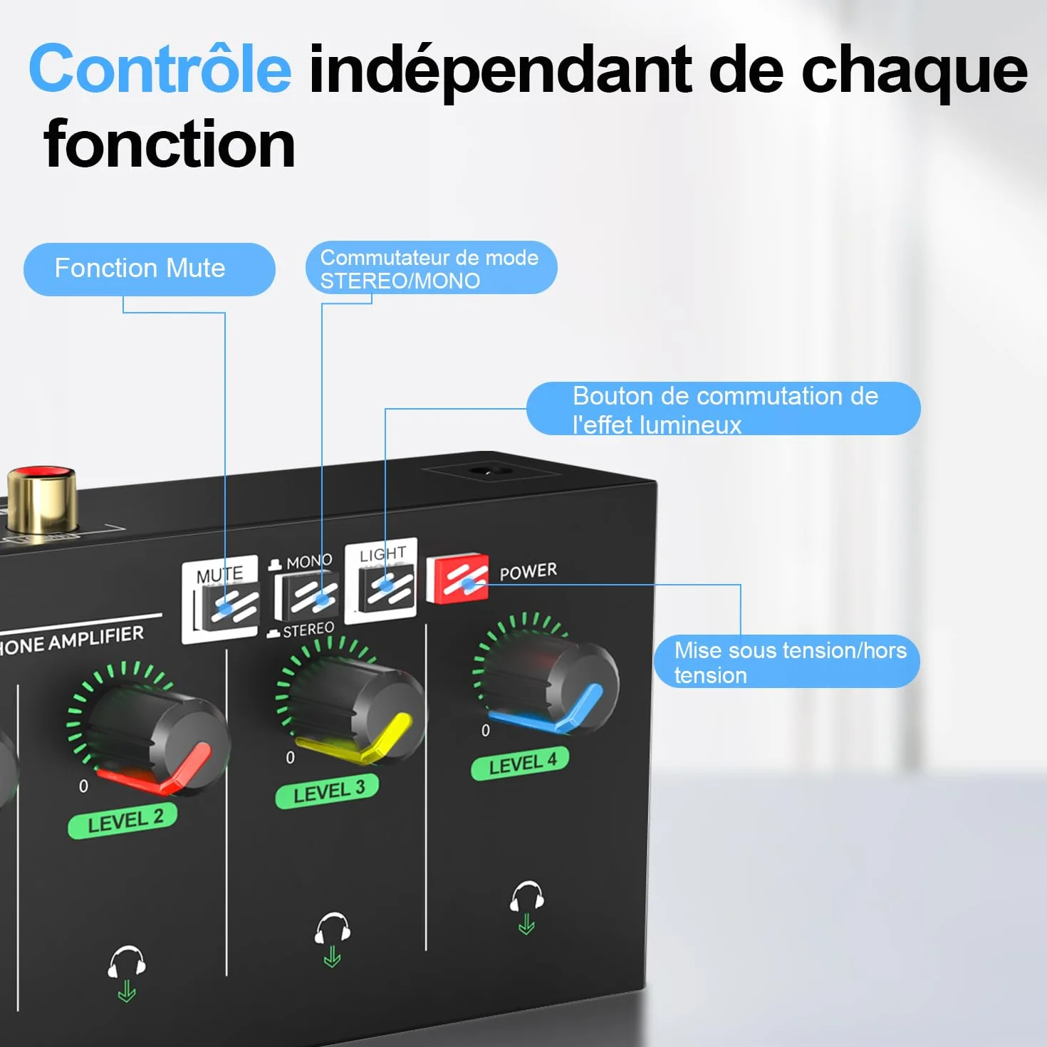 Amplificateur de Casque à 4 canaux avec Prises RCA 3,5 mm/6,35 mm, mélangeur Compact en métal avec 8 Ports de Sortie pour Casque, Interrupteur stéréo, Fonction muet, lumière RVB (8 canaux)