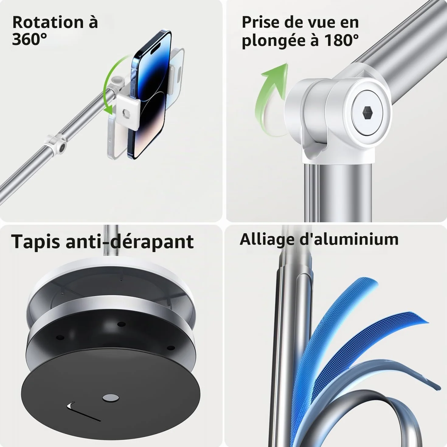 Support de téléphone au sol, bras de chevet réglable, support de téléphone pour enregistrer des prises de vue aériennes, support de téléphone en aluminium rotatif à 360°, compatible avec iPhone