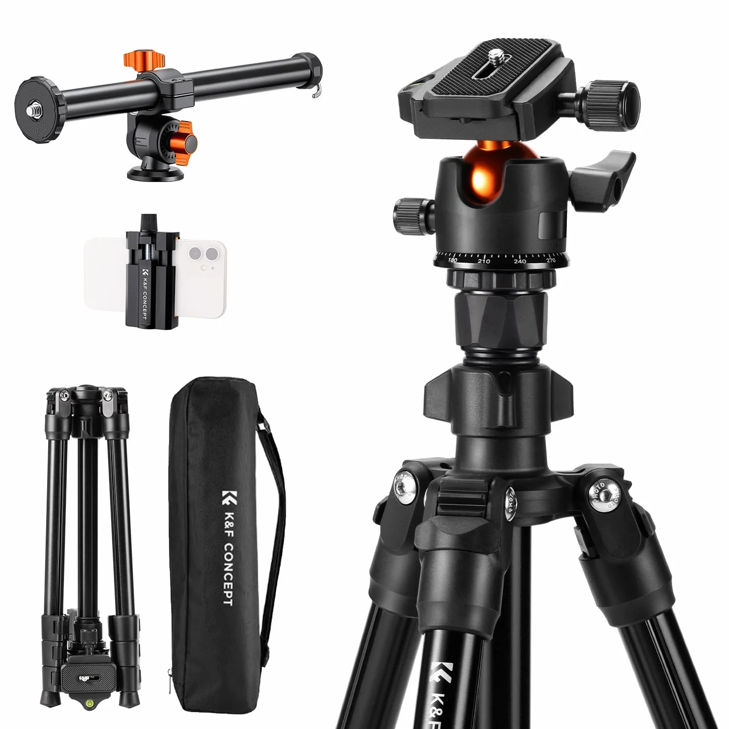 K&F CONCEPT Trépied d'appareil Photo et Smartphone avec Bras d'extension 195cm, Aluminium léger et Compact, Compatible avec Canon Nikon Sony DSLR iPhone Samsung, Tête sphérique à 360°, 8kg Charge Max