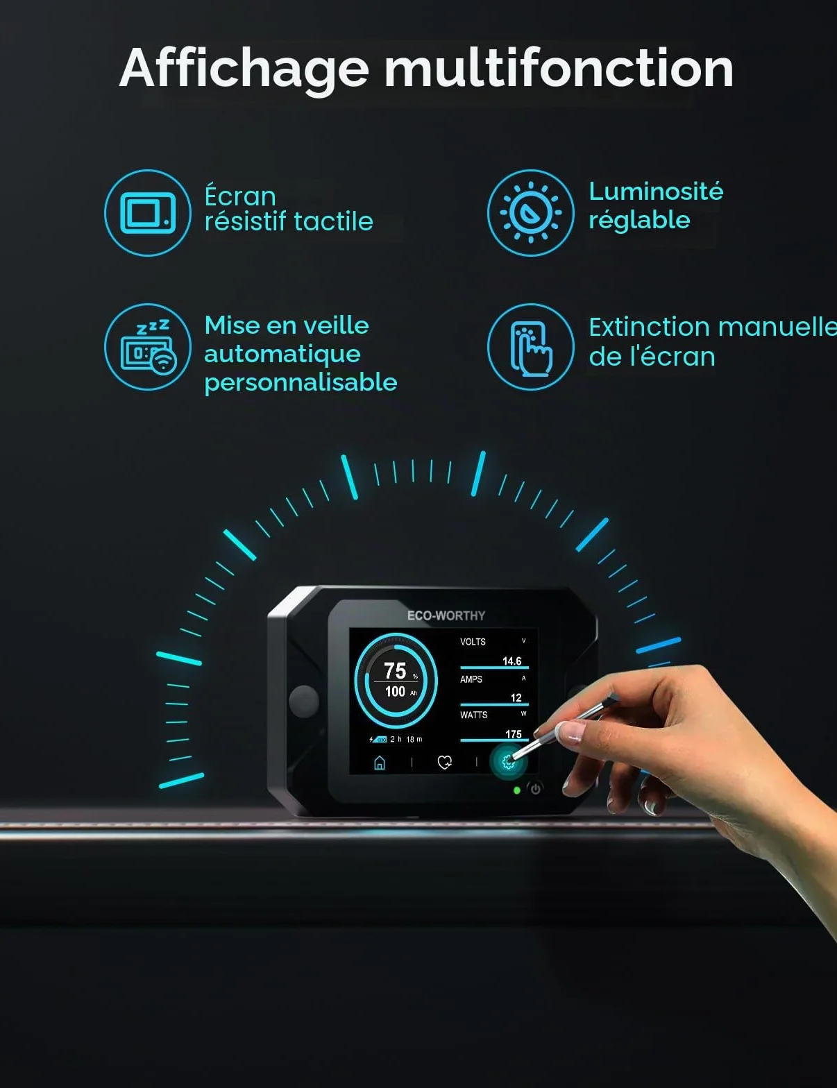 ECO-WORTHY Moniteur de batterie amélioré 300 A 12 V/24 V/36 V/48 V, moniteur de batterie à écran tactile 3,5 pouces avec alarme, testeur de batterie lithium/gel pour camping-cars, systèmes solaires