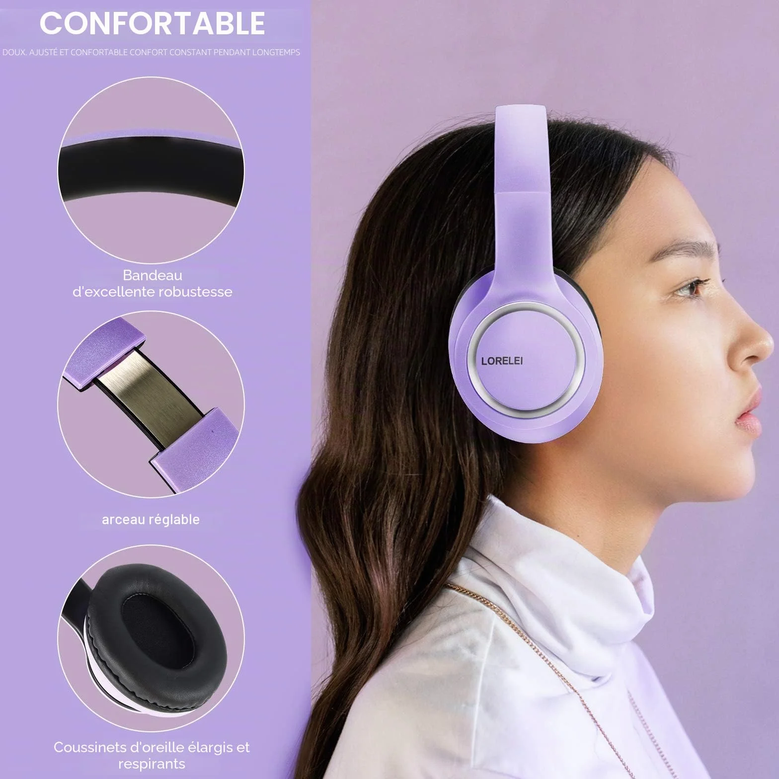 Lorelei X8 Casque Filaire mic 1,45 m Nylon Anti-nœuds 3,5 mm, léger Pliable Portable Smartphone Tablette Ordinateur MP3/4 (Violet foncé)