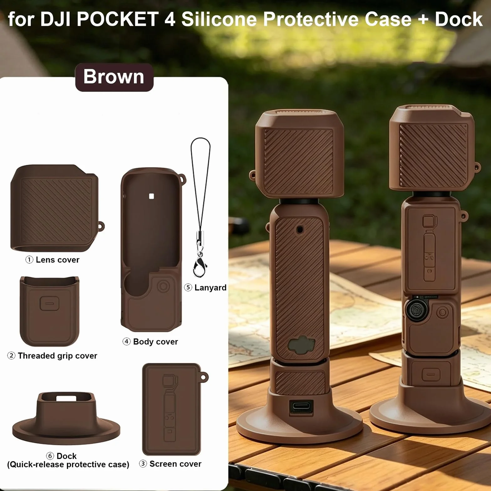 Étui en Silicone pour DJI Osmo Pocket 4, Étui de Protection avec Socle en Silicone et dragonne (Marron)