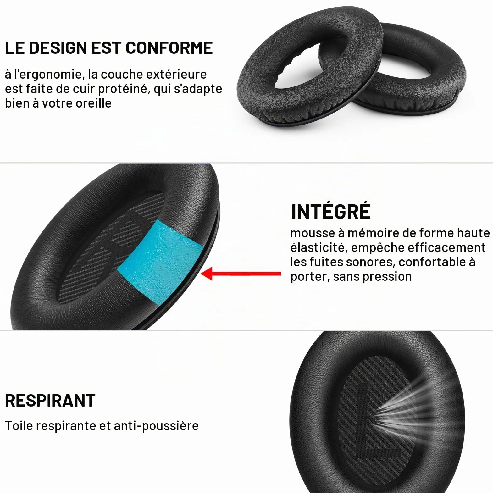 AK Coussinets pour Bose QuietComfort 35 QC 35 II, Remplacement Cuir Souple Mousse Acoustique QC35II/35/15 QC2/AE2
