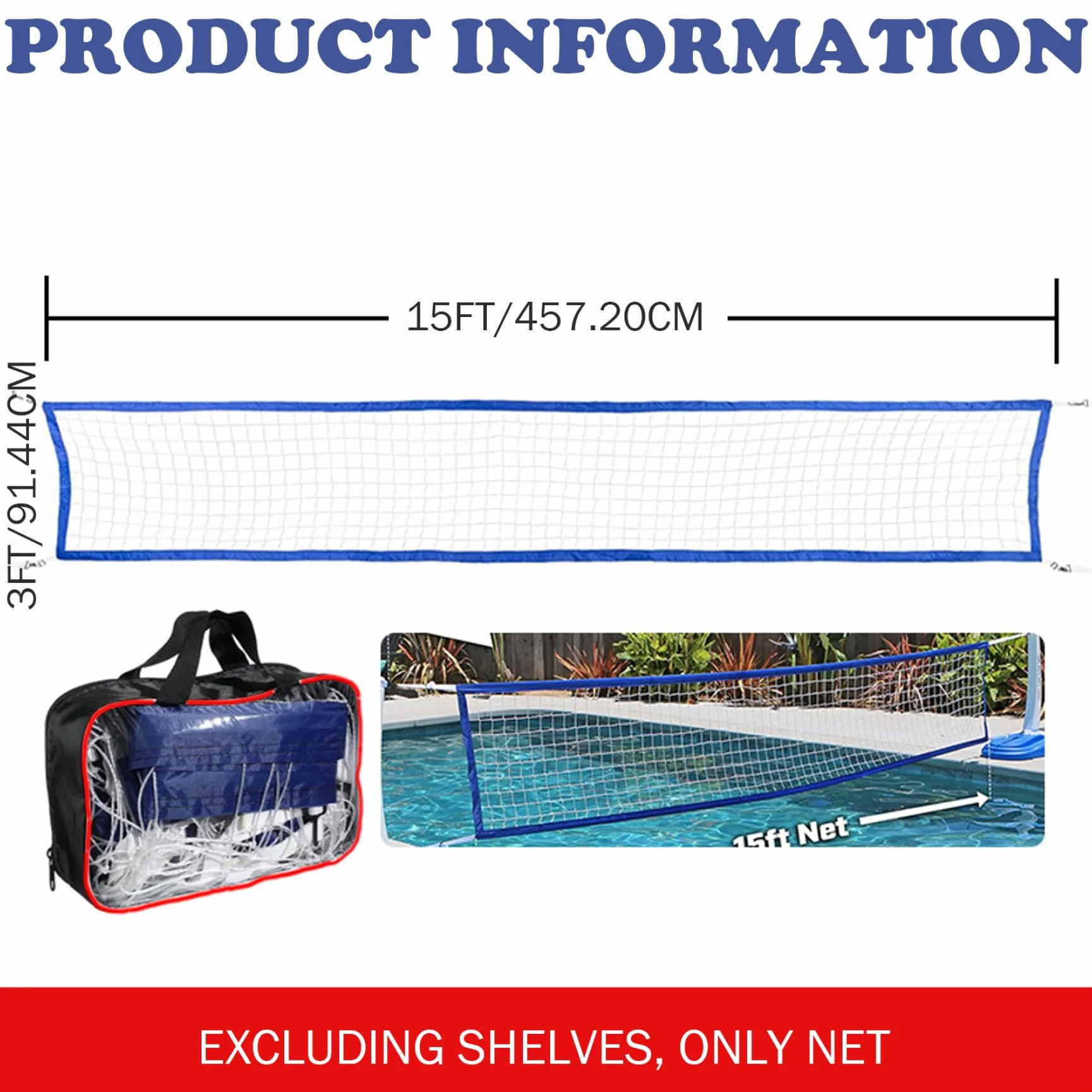 Filet de Volleyball Piscine 3x15ft Lourde pour Piscines Enracinées Jeux d'Eau Extérieur