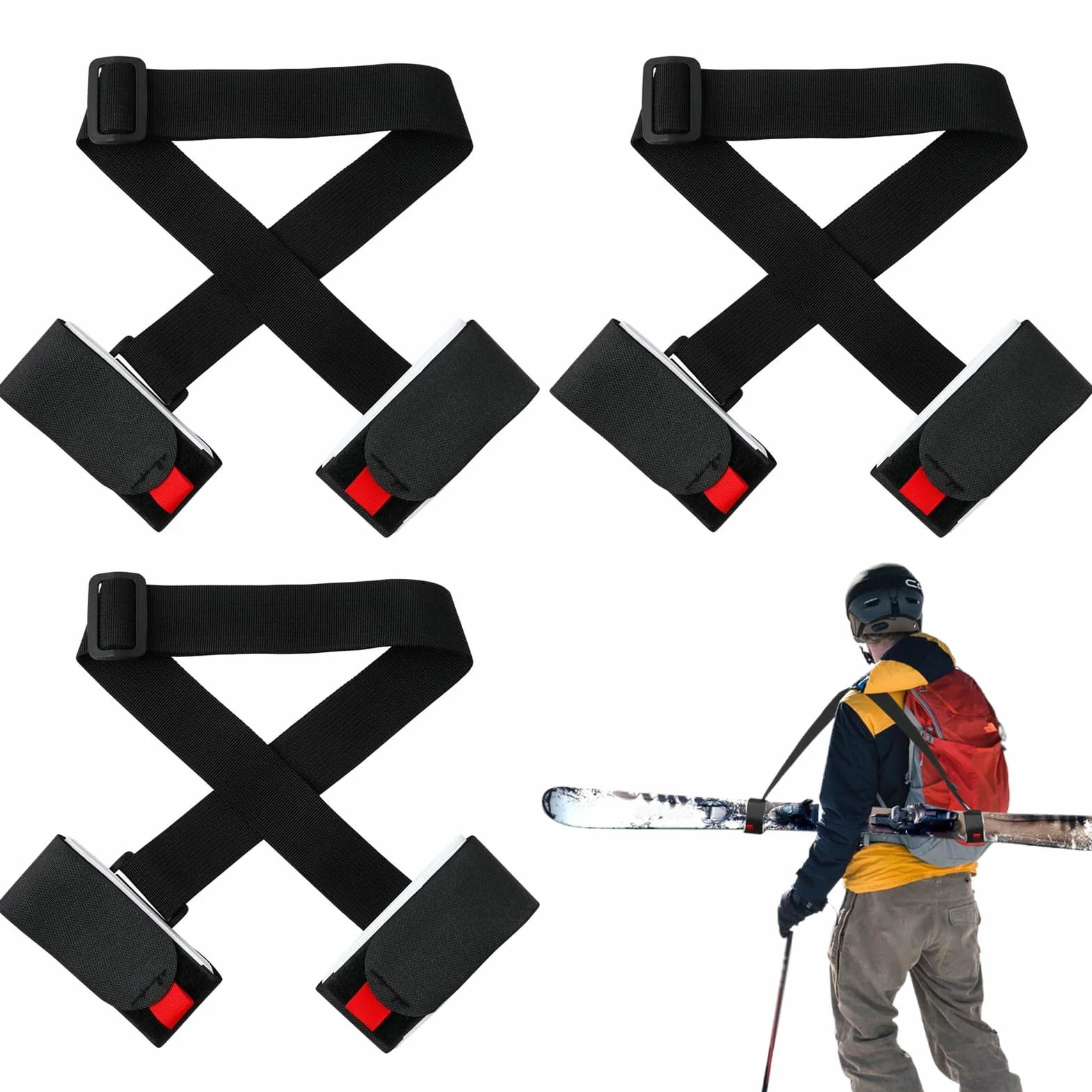 Lot de 3 sangles de transport de ski réglables pour skis, bâtons, enfants et adultes