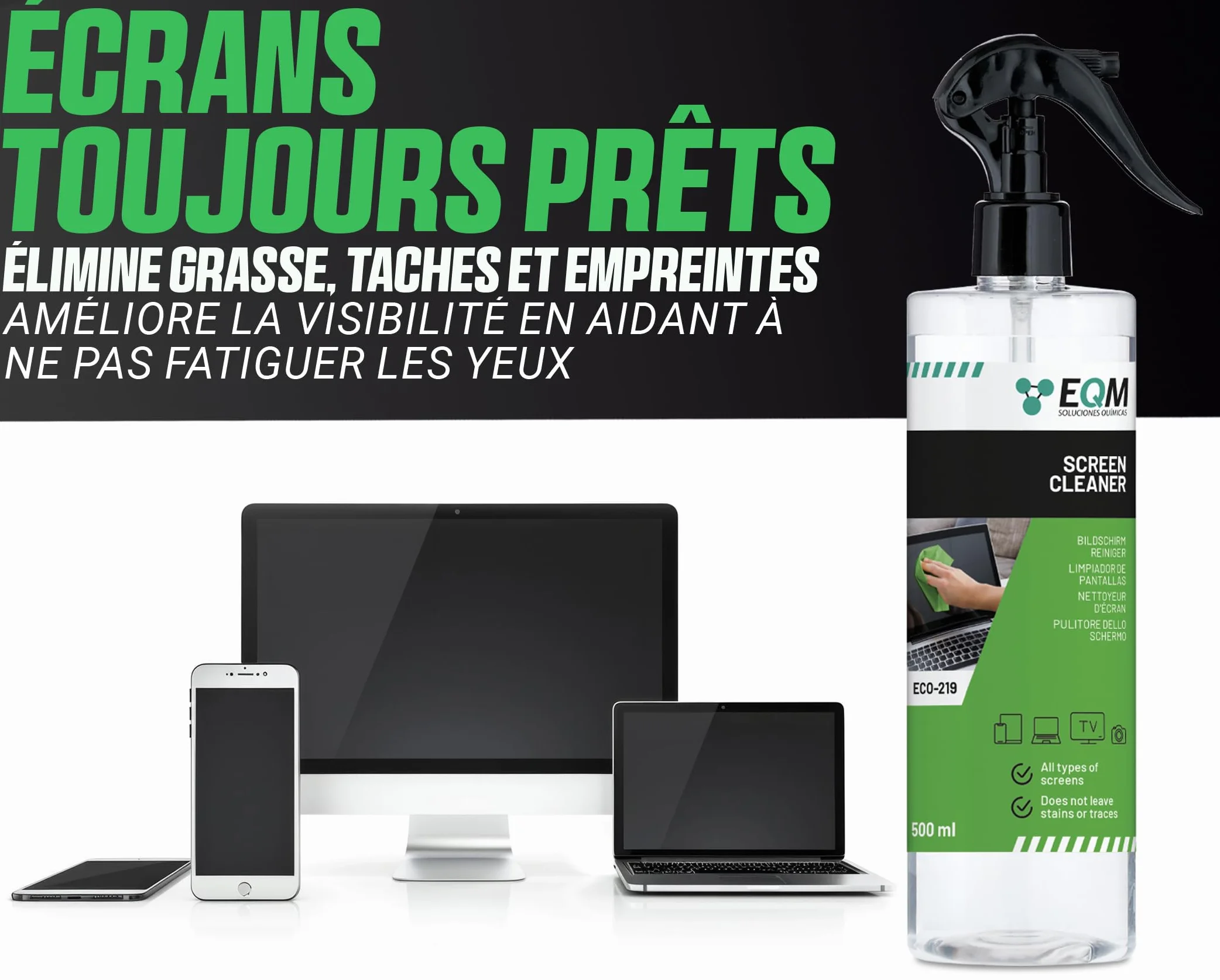 EQM - ECO-219 - Kit Nettoyant Écrans + Chiffon Microfibre - 500 ML - Format Premium - Compatible Tablette, Mobile, Ordinateur Portable, Appareil Photo, LED, OLED