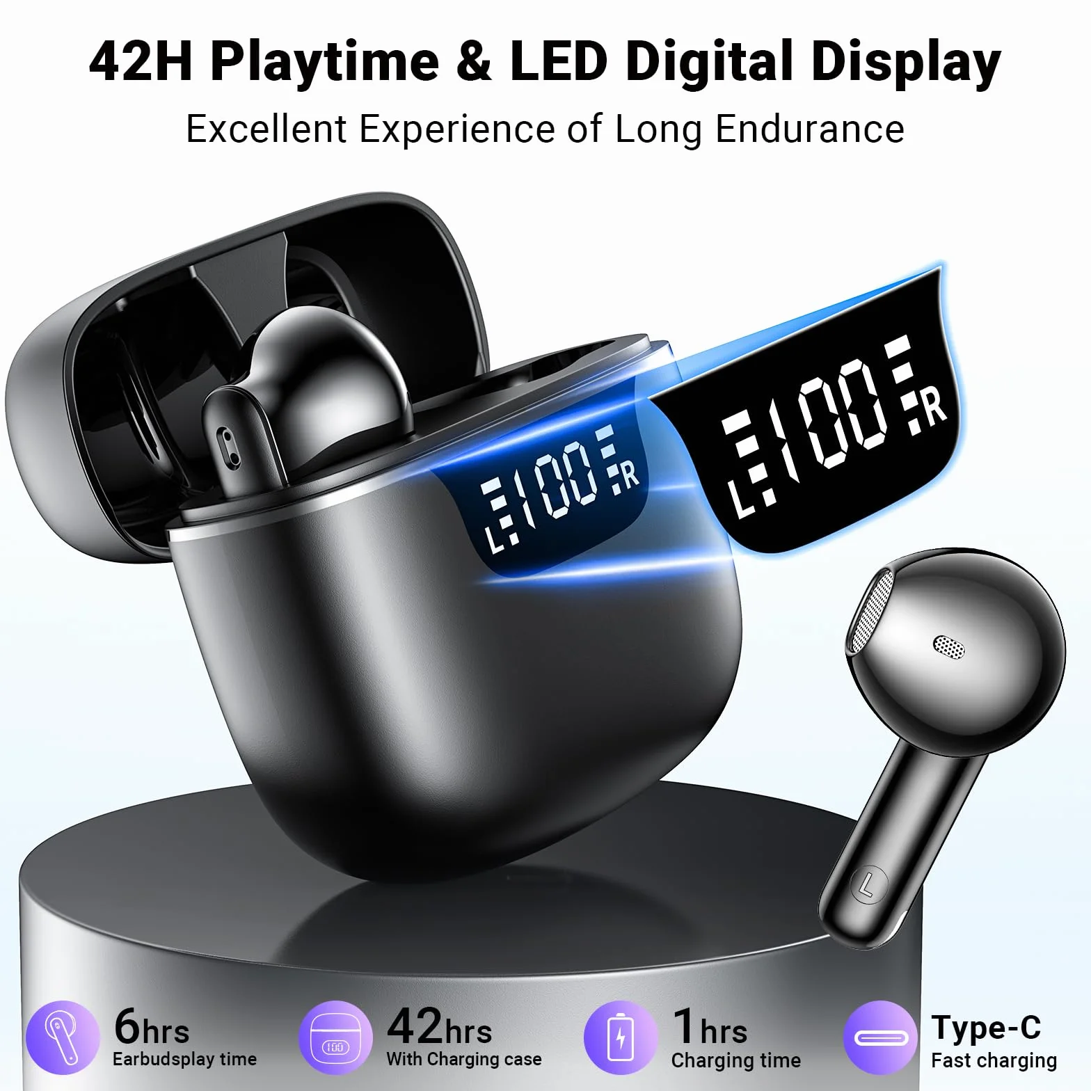 Ecouteurs Bluetooth sans Fil, Ecouteurs sans Fil 5.3 Écran LED Hi-FI Son Stéréo Réduction Bruit ENC 4 Mic 42H Durée Lecture Contrôle Tactile Casque Bluetooth IPX6 Étanche pour iOS Android Noir