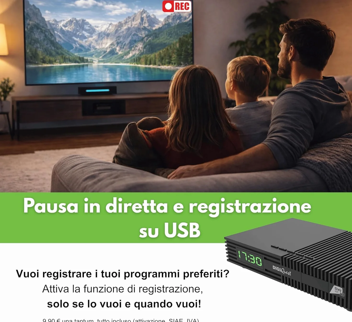 DIGIQUEST Décodeur Tivùsat Ti9, DVB-S2 | VOITURE INSTALLANTE | Double télécommande 2 en 1 dont une avec grandes touches | Carte intelligente Tivùsat incluse | HDR |Fonction d'enregistrement activable