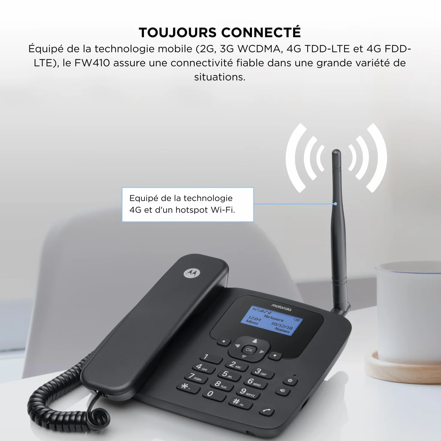 Motorola FW410L Téléphone Fixe sans Fil 4G, Hotspot WiFi, GSM Quad Band, Batterie de Secours
