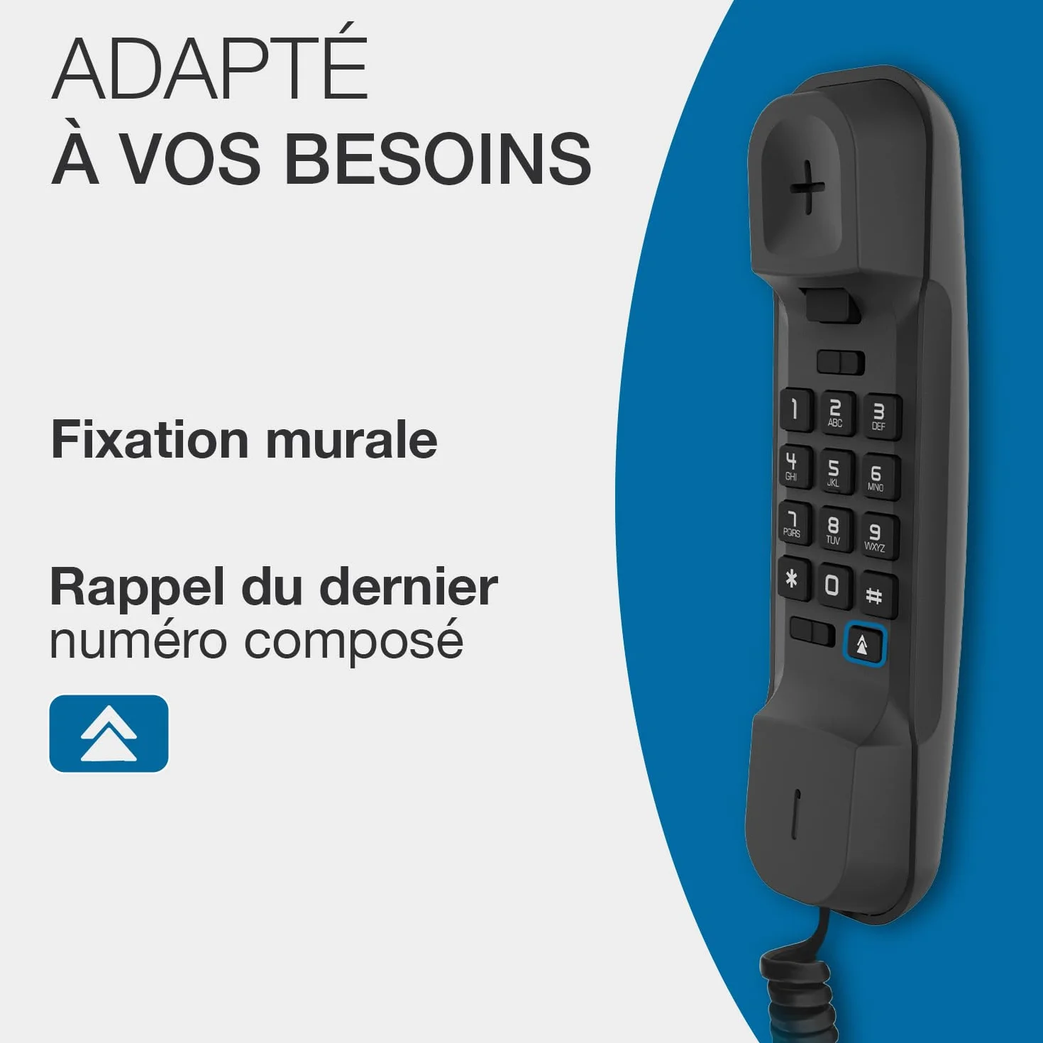 ALCATEL T06 - Téléphone Fixe Filaire - Design Ultra Compact - Fixation Murale - Touche Rappel - Noir