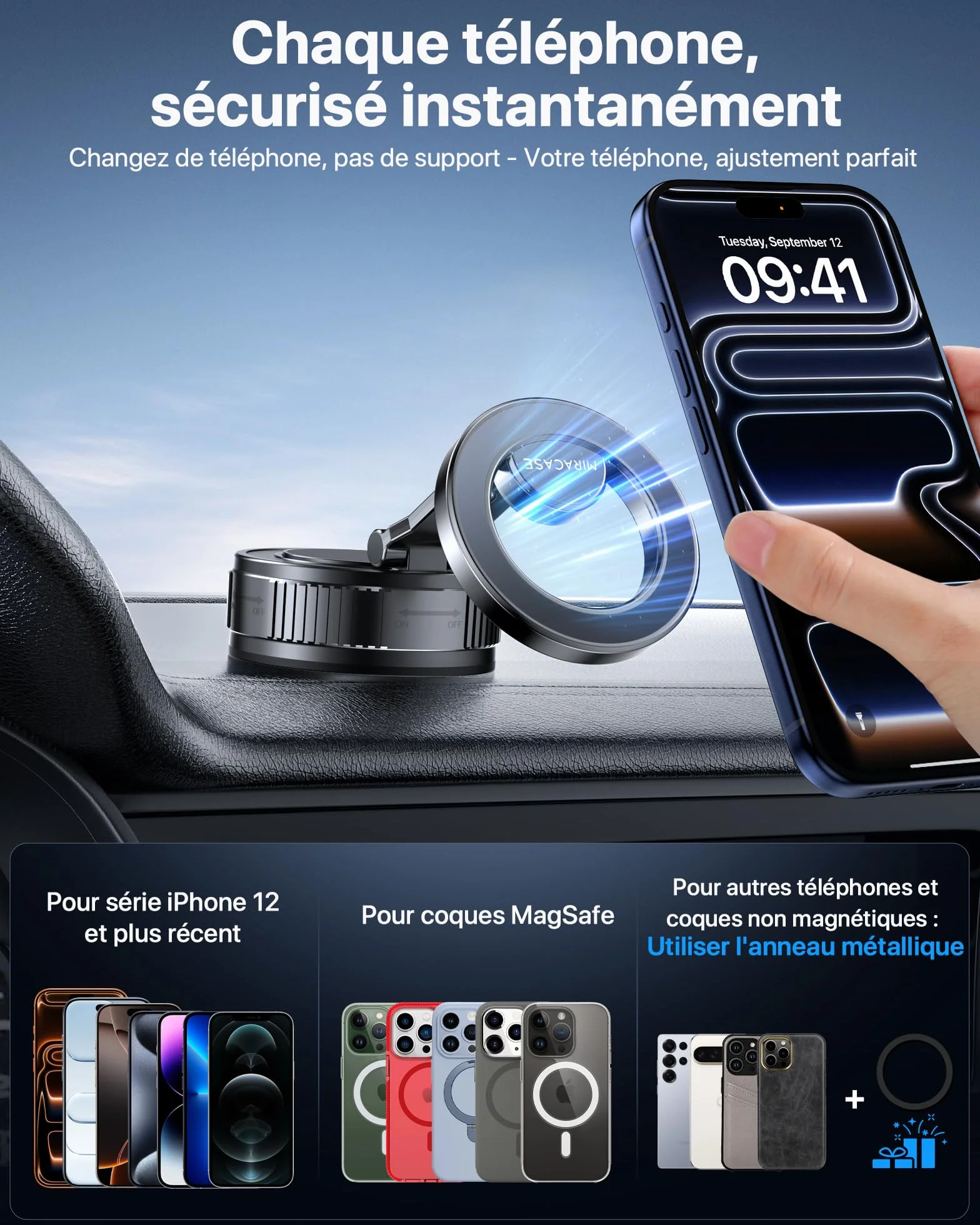 Miracase Support Telephone Voiture pour Magsafe [Succion Ultra Puissante] 2026 Aimant Telephone Voiture 360°Rotation pour iPhone 17 16 15 14 13 12 Pro Max, Autres Smartphones
