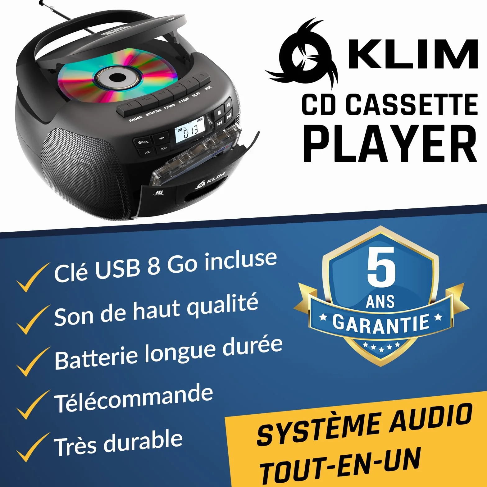 KLIM Lecteur CD & Lecteur Cassette Audio avec USB, AM/FM Poste Radio CD, Lecteur CD Bluetooth, Son Stéréo, Télécommande, Enregistrement de Cassettes, AUX, Radio Cassette CD
