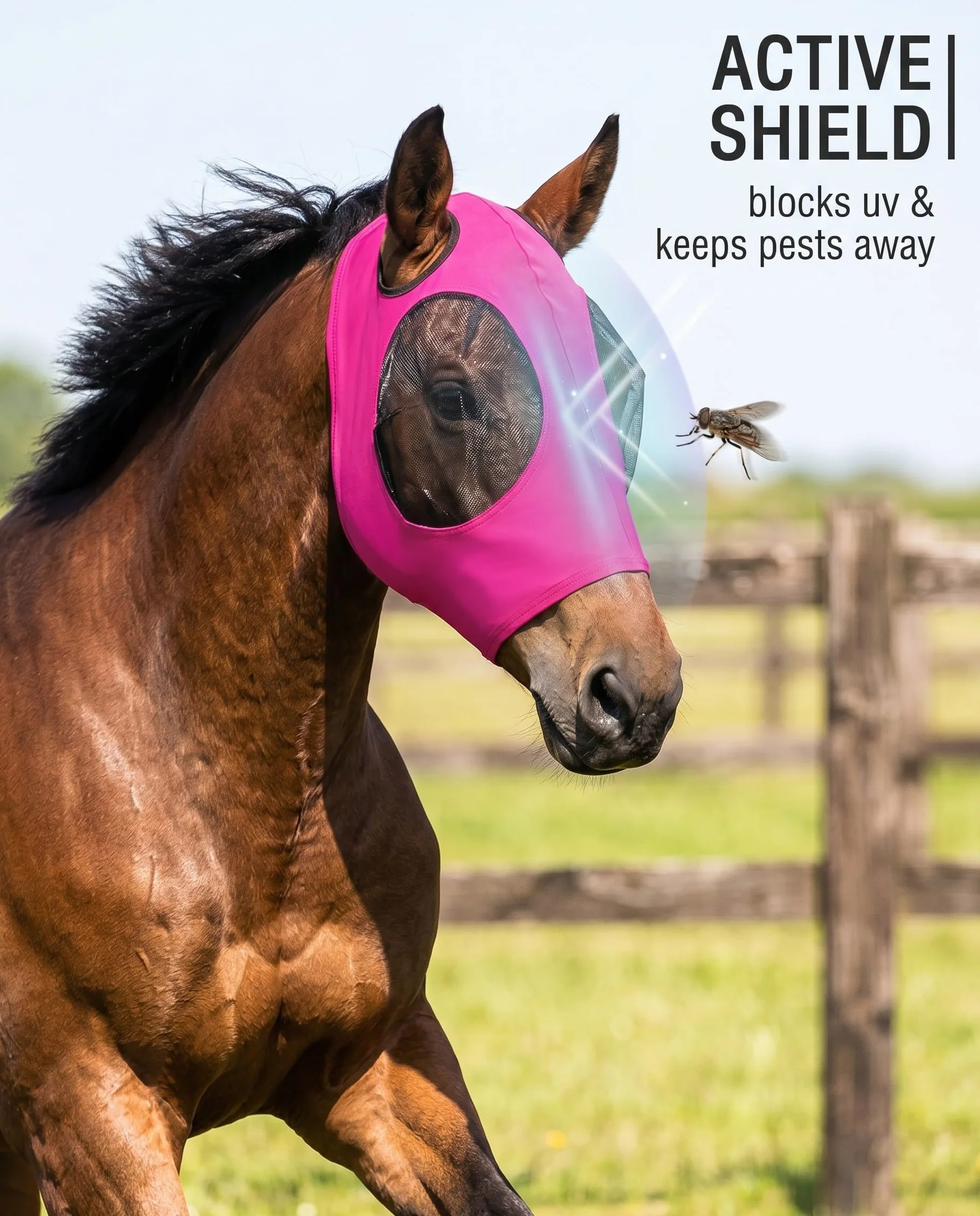 Masque de Cheval Rose Vif en Maille Respirante Anti-Mouche Anti-UV avec Cache-Oreilles
