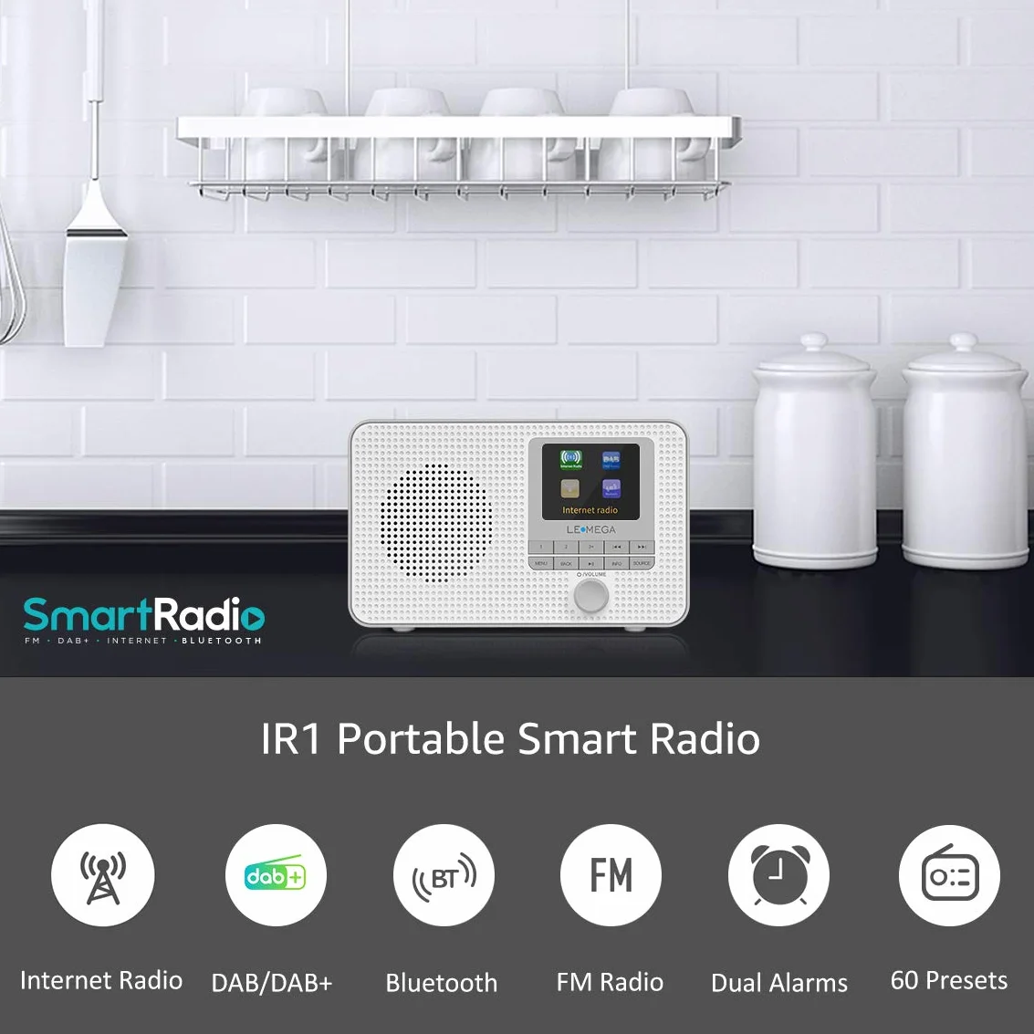 LEMEGA IR1 Tragbares WiFi Internetradio,Dab/Dab+/FM Digitalradio,Bluetooth,Doppelwecker,Schlaf-Snooze-Timer,60 Voreinstellungen,Kopfhörerausgang,Farbdisplay,Batterie- Oder Netzbetrieb, Gris
