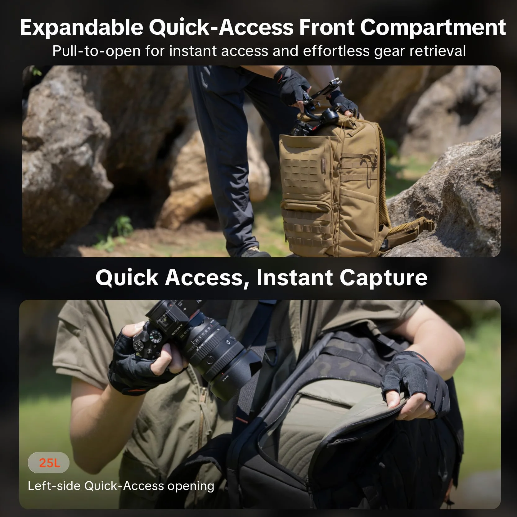 PGYTECH OneMo TAC Sac à Dos pour Appareil Photo Tactique 25L Sac Photographe Imperméable pour DSLR/Hybrides, avec Compartiment Ordinateur 15,6", Housse de Pluie, Porte-Trépied, Camouflage Noir