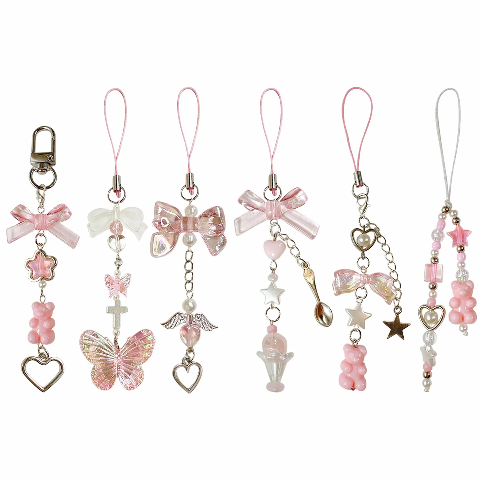 Pendentifs Y2K pour Téléphone Portable 6 Pcs, Kawaii Noeud Papillon Chaîne Anti-Perte