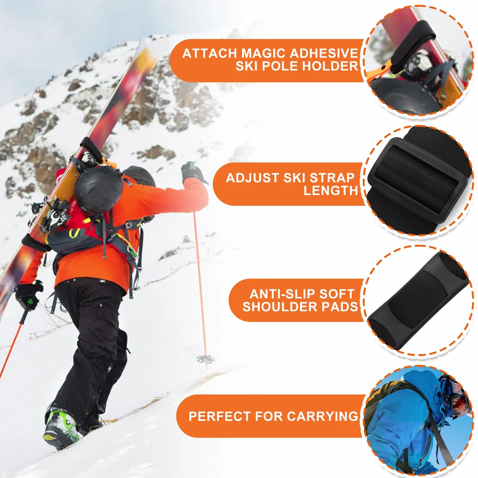 Sangles de Ski Réglables Draupnir avec Bandoulière Rembourrée pour Transport des Skis et Bâtons