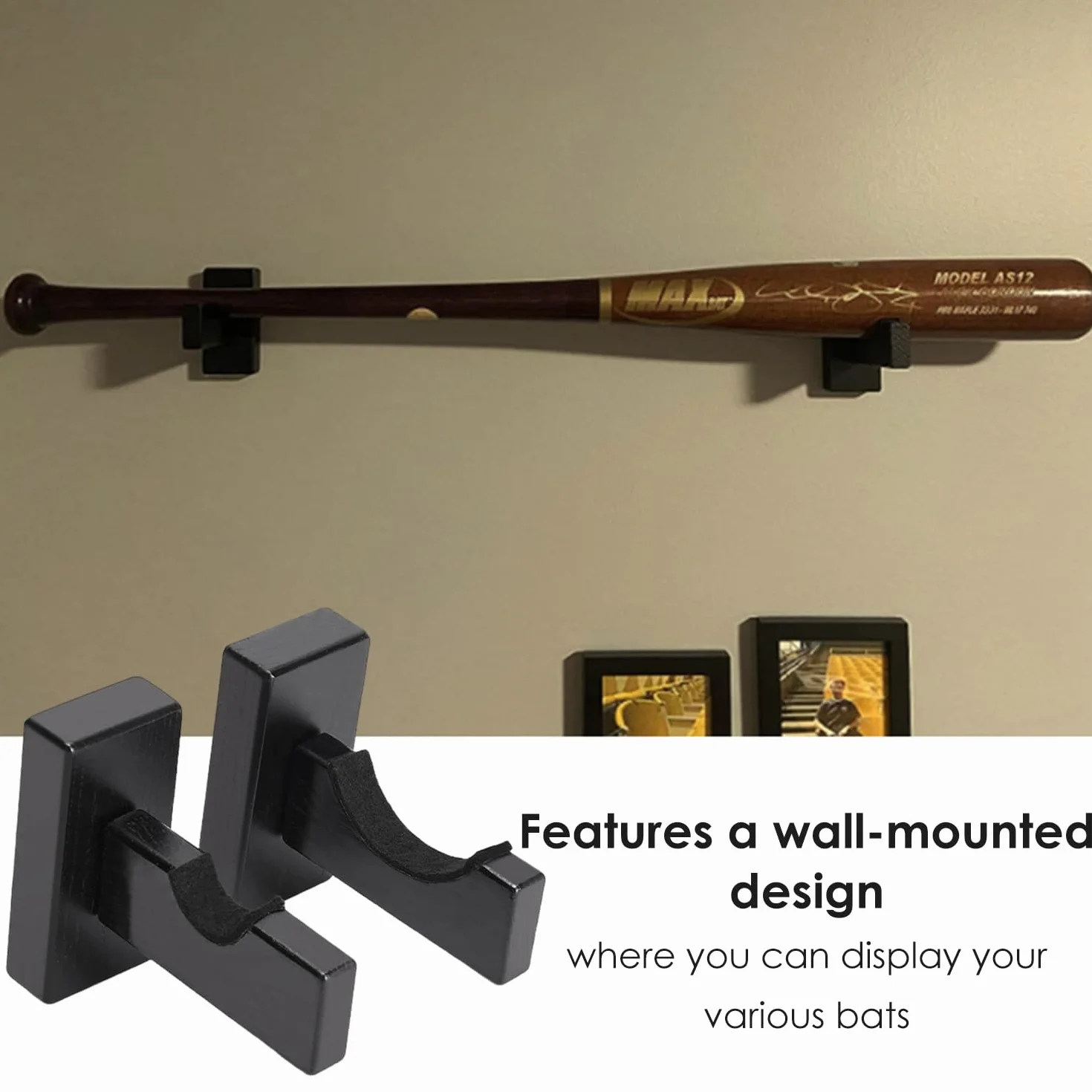 Support de Batte de Baseball en Bois 1 Paire Supports Muraux Horizontaux Noir