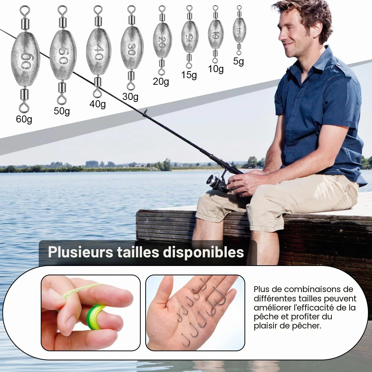 134 Pièces Plomb Pêche Mer Carpe en Forme d'Olive avec Émerillon Set Poids 5-60g