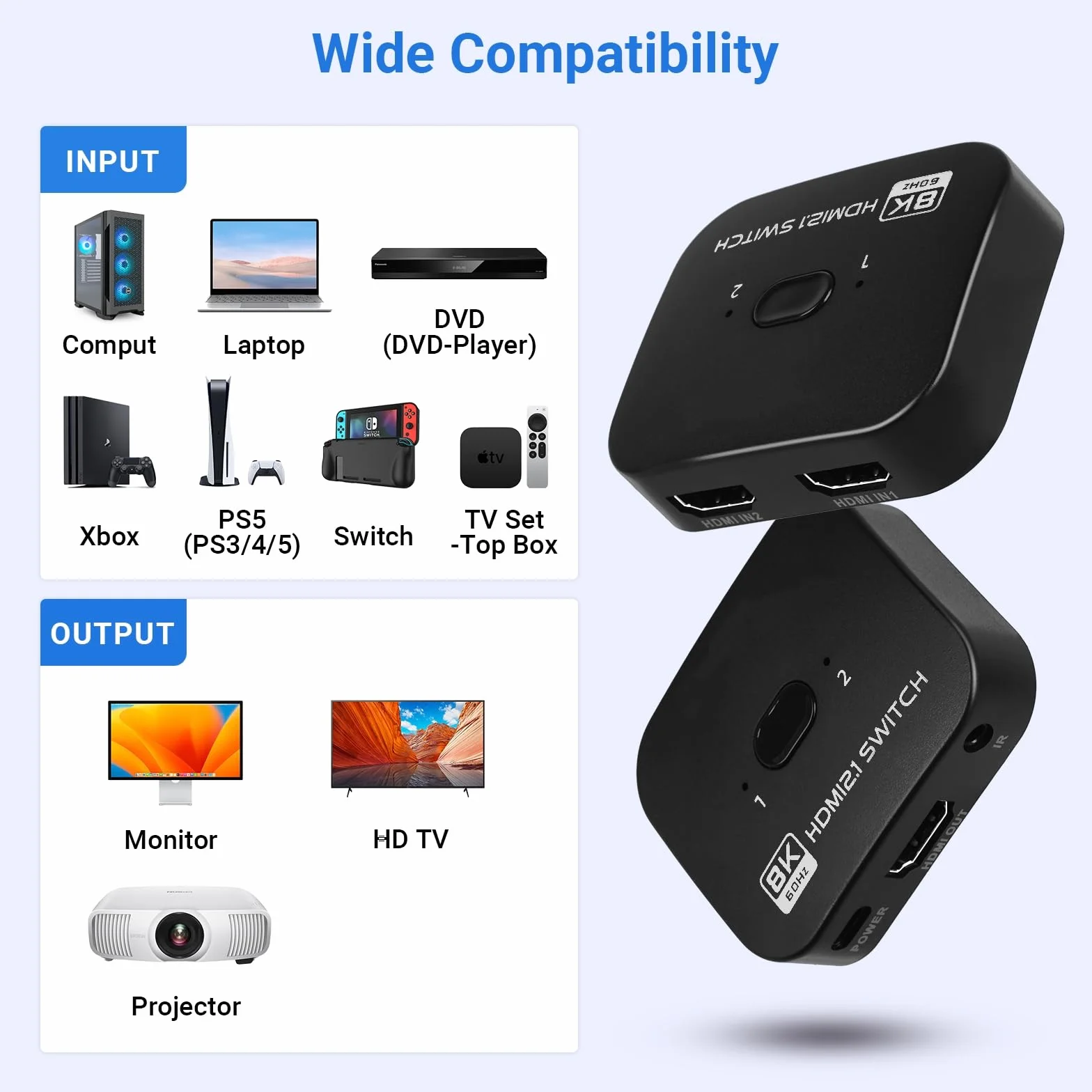 TCNEWCL Switch HDMI 8K 60Hz, 4K 120Hz Répartiteur 1 Entrée 2 Sorties ou Commutateur 2 Entrées 1 Sortie, Splitter 2.1 Bi-Direction, Compatible avec PS5 PS4 Xbox Lecteur Blu-Ray PC