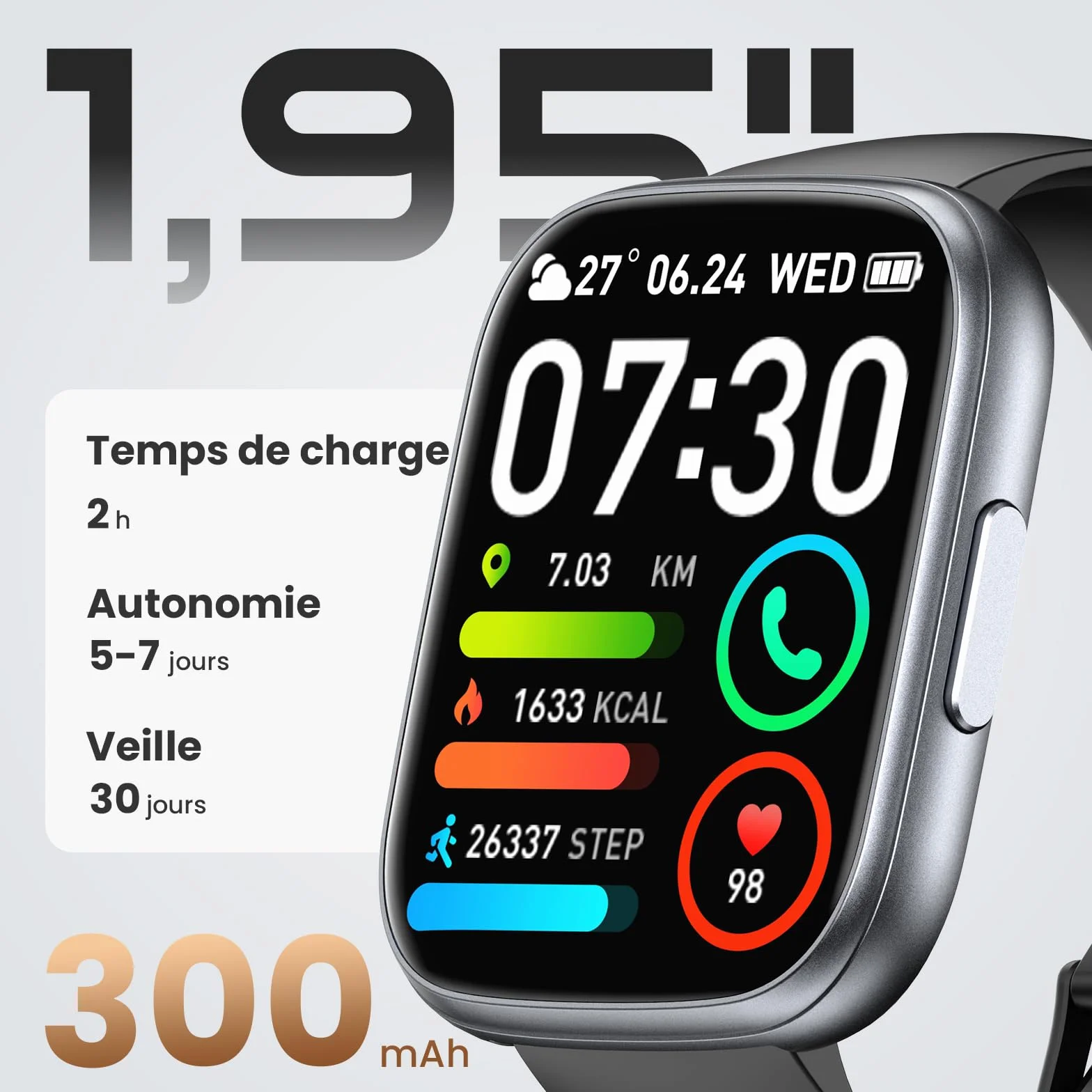 Cillso Montre Connectée 1,95" HD Smartwatch Appels Bluetooth 112 Modes Sportifs Cardiofréquencemètre SpO2 Sommeil IP68 Android iOS
