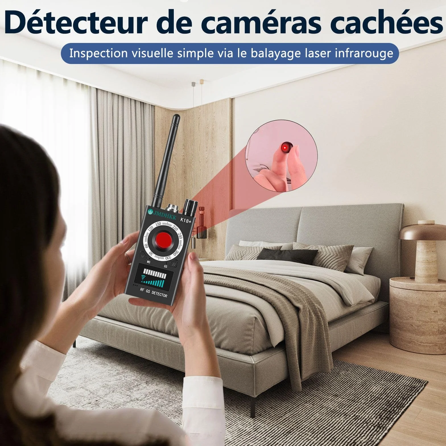 JMDHKK K18+ Détecteur de Signaux RF avec Détection Magnétique et Optique des Lentilles – Appareil de Protection de la Vie Privée pour Maison, Bureau, Hôtel et Voyage (Noir)