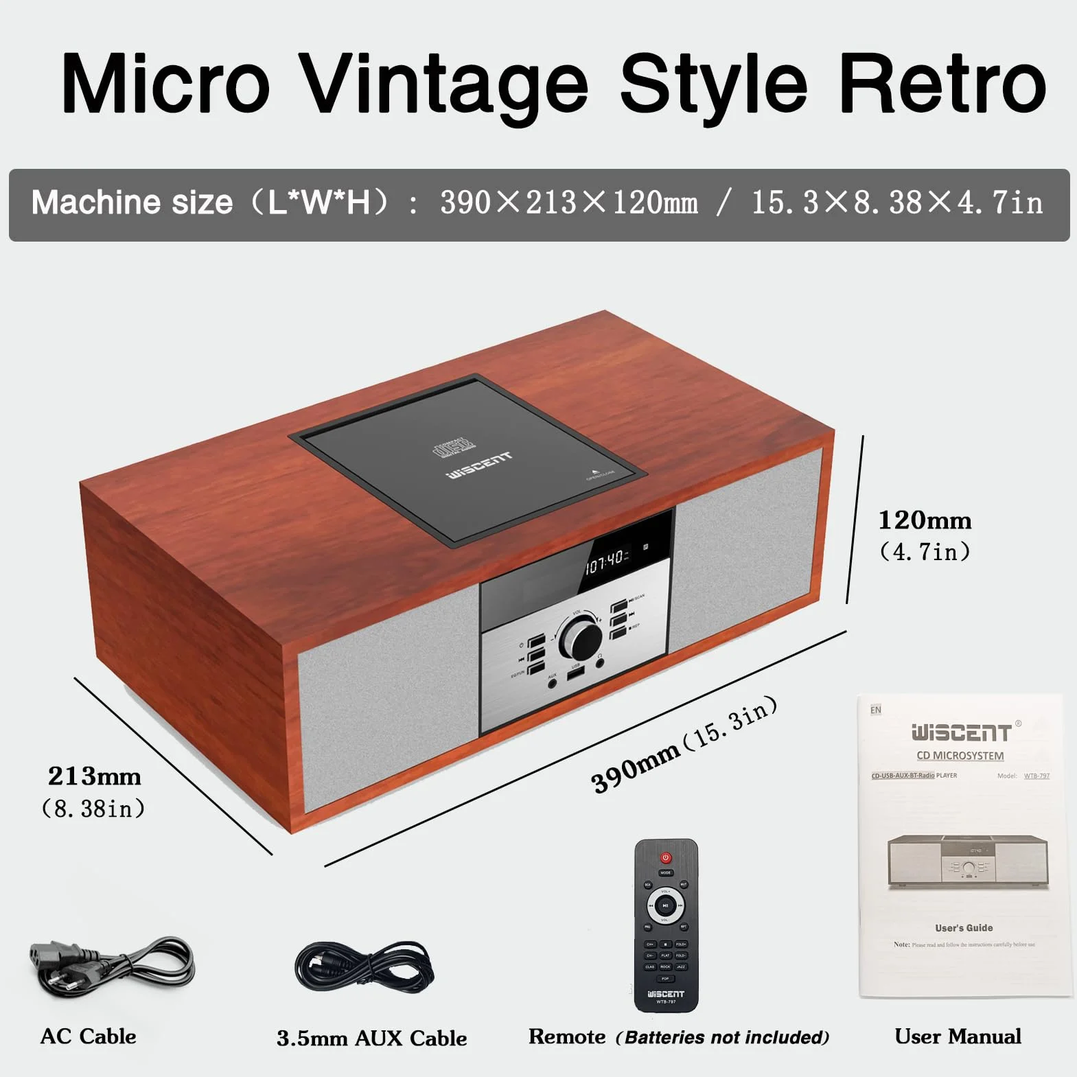 WISCENT Chaîne Hi-Fi Stéréo Bluetooth 30W RMS Lecteur CD Radio FM USB AUX