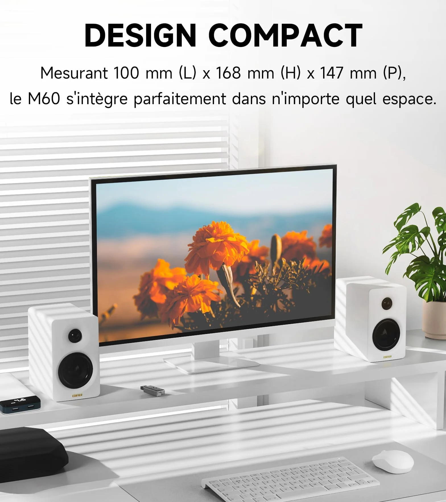Edifier M60 2.0 Haut-parleurs Bibliotheques Bluetooth 5.3 66W RMS Audio Hi-Res LDAC Basses 3" Tweeter 1" USB-C AUX Blanc
