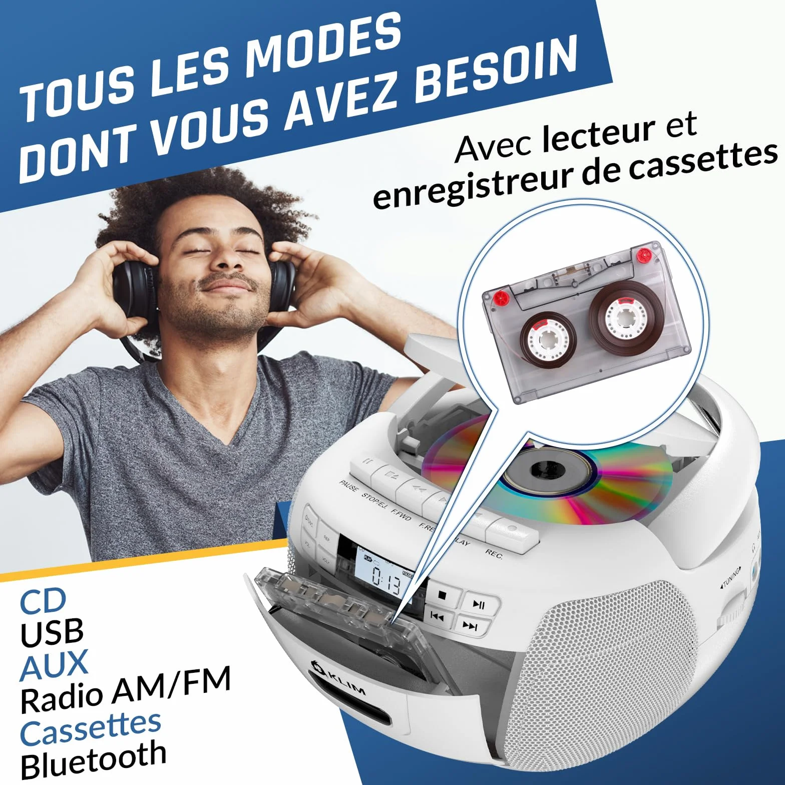 KLIM Lecteur CD Cassette Radio AM/FM Bluetooth Stéréo USB AUX Blanc