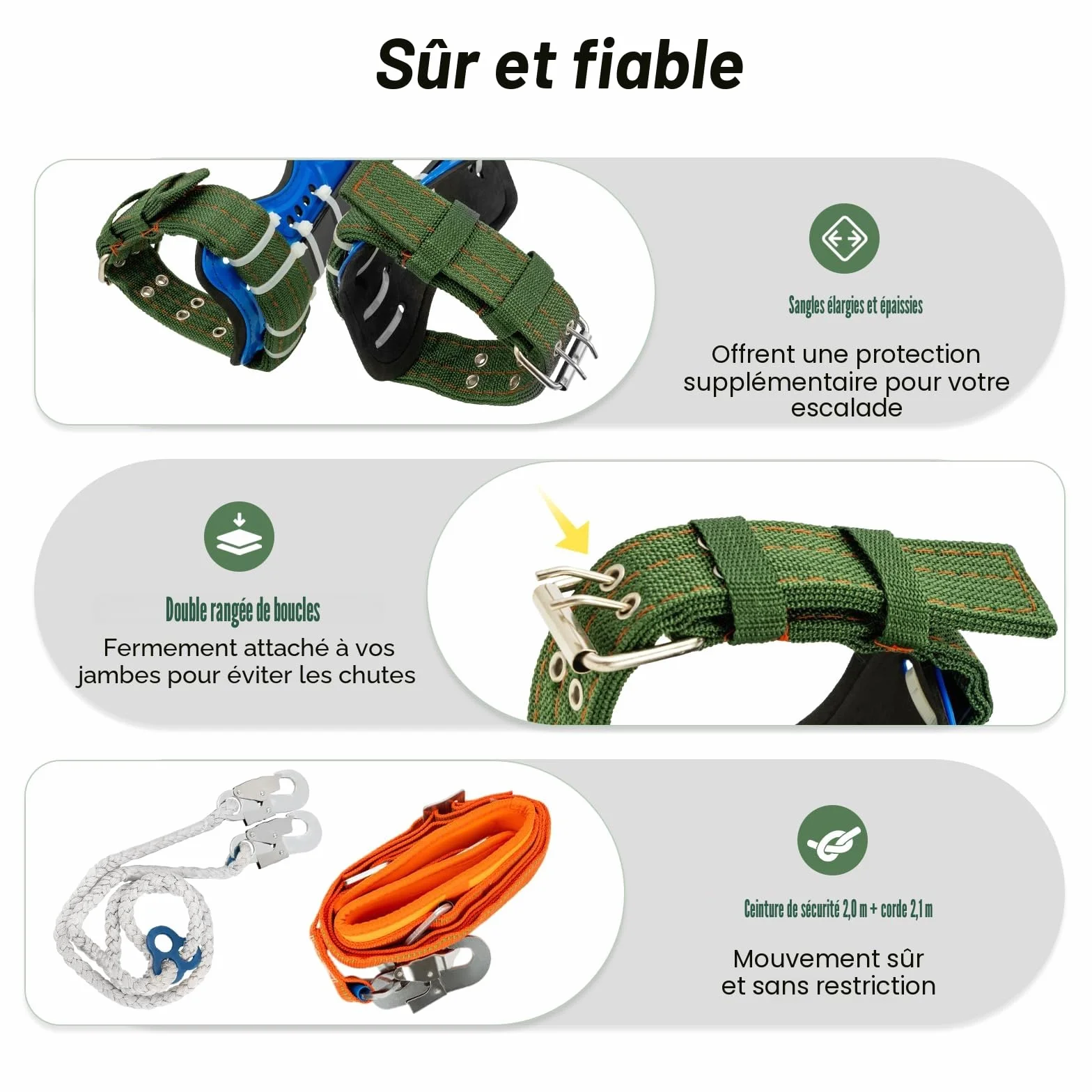 KigerNee Kit d'escalade crampons à 2 dents 100 kg sangle à 5 points réglable en hauteur