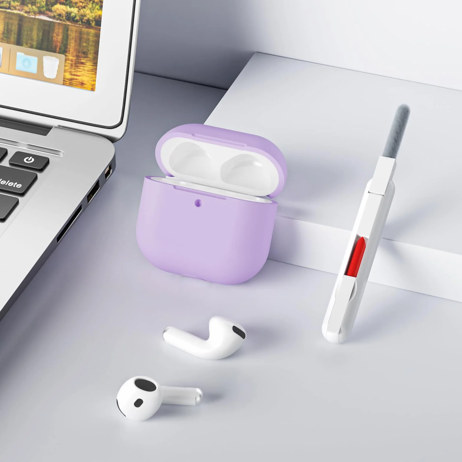 Coque Étui Protecteur Compatible avec AirPods 4 2024, LED Avant Peut être Visible, Housse en Silicone Anti-Choc Etui de Protection pour Airpods 4ᵉ Génération avec Kit de Nettoyage, Lavande