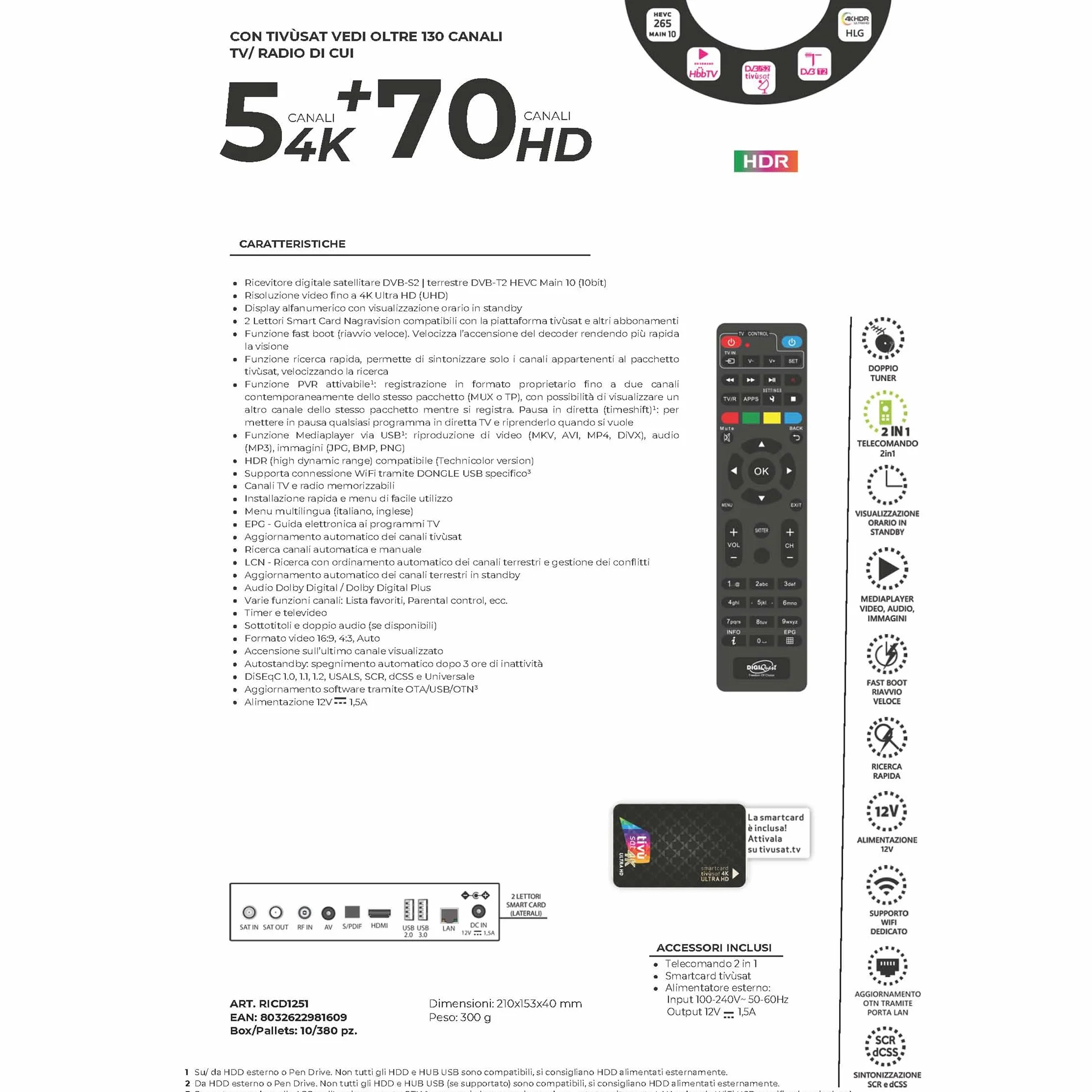DigiQuest Q99 Récepteur satellite Combo 4K UHD DVB-S2/T2 HEVC HDR PVR Ready Noir