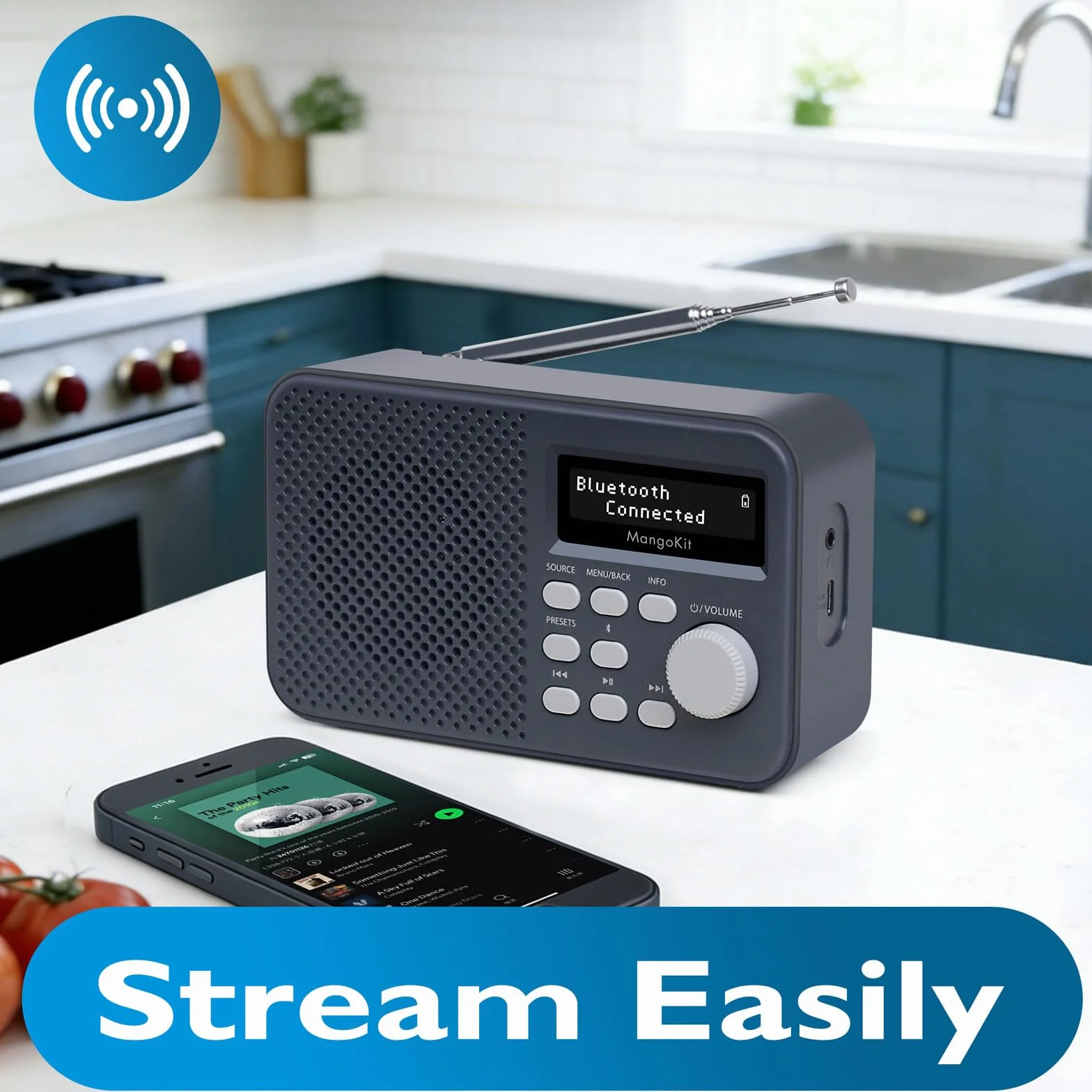 MD2-Plus Radio Dab/Dab+/FM Portable - Diffusion Bluetooth, 40 présélections, Grand écran LCD, Alimentation Secteur ou Piles, Prise Casque, Radio compacte pour Chevet ou Cuisine