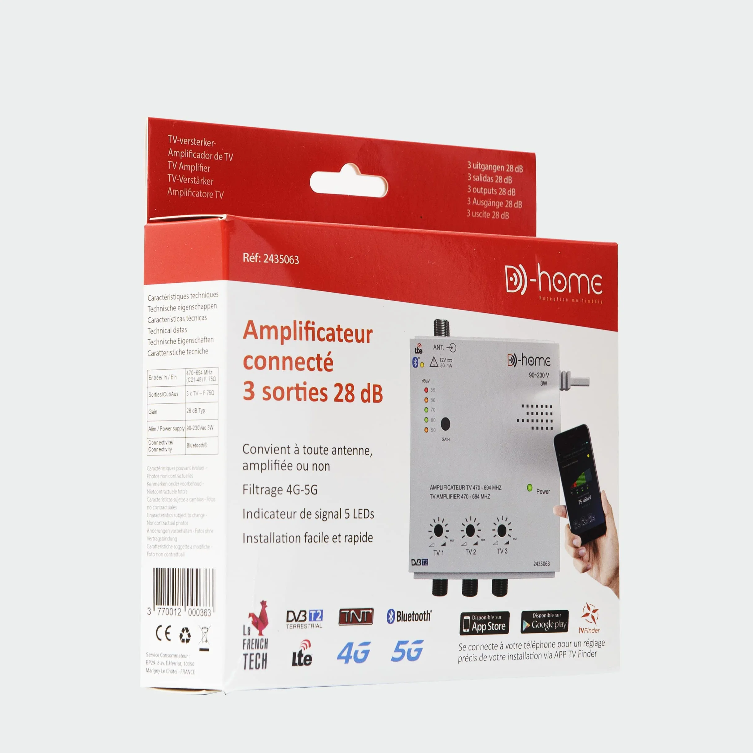 D-Home - Amplificateur TV TNT Intérieur 3 Sorties 28dB Connecté Filtré 4G-5G - Fonctionne avec App Mobile TV Finder pour Trouver le Meilleur Signal Disponible. Pour Toute Antenne