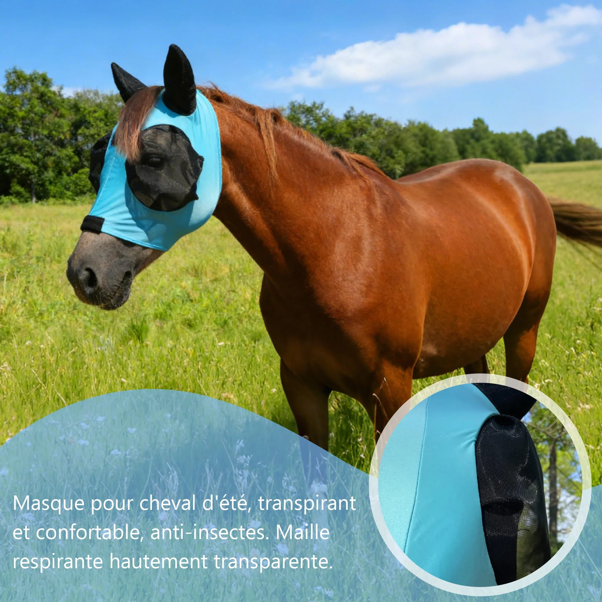 Masque Anti-Mouches pour Chevaux avec Oreilles, Protection UV, Respirant, Grands Yeux - Bleu Lac (Medium)